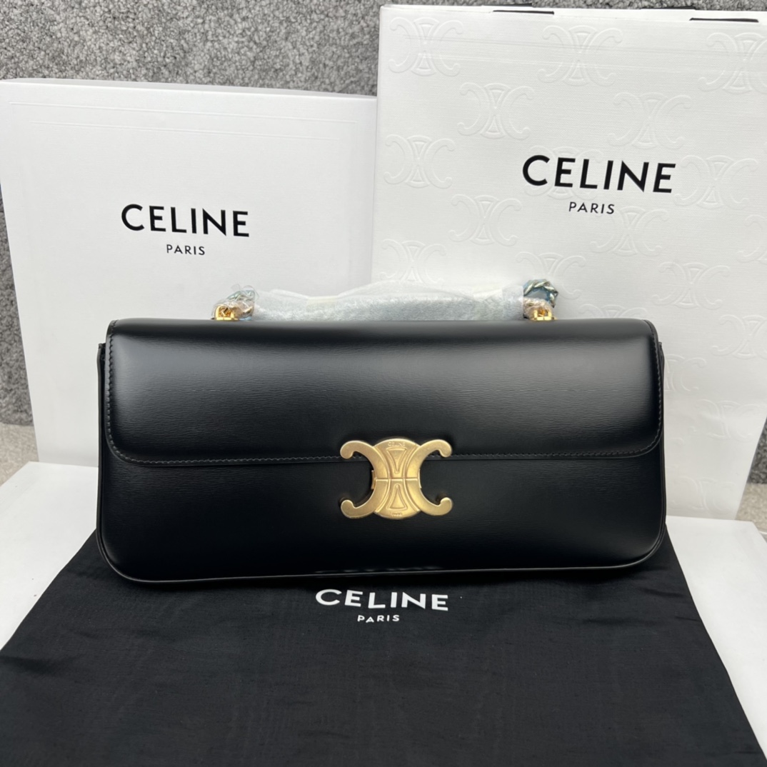 Bagsaaa Ce1i*e Black Calfskin Triomphe Cuir Chain Shoulder Bag - 30cm