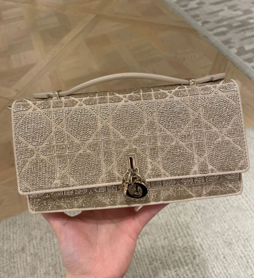 Bagsaaa D10r Or My D10r Mini Bag Caramel Beige Microbead-Embroidered Cotton with Cannage Motif - 21cm