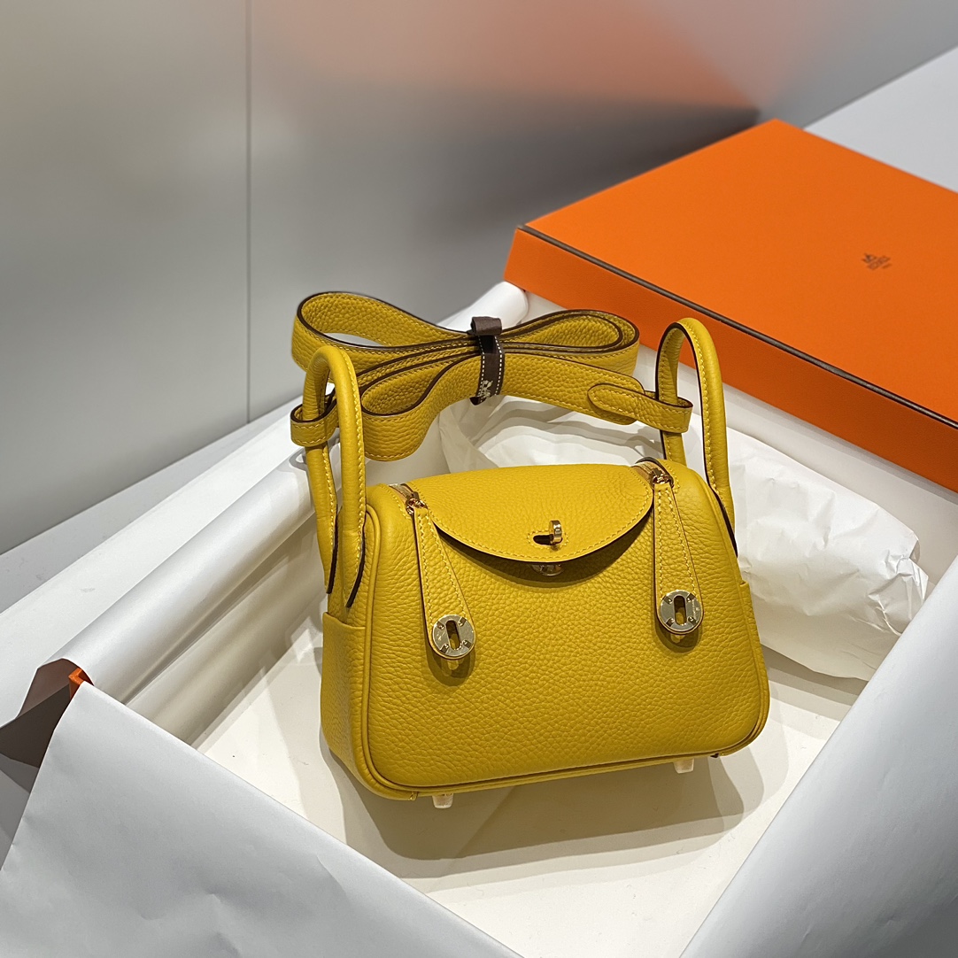 Bagsaaa H**me5 mini Lindy Yellow Togo & Gold - 20cm
