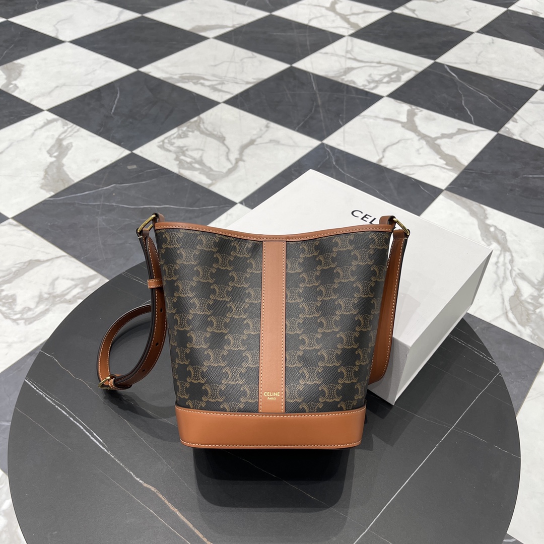 Bagsaaa Ce1i*e Small Bucket In Triomphe Canvas And Calfskin 191442 - 22cm