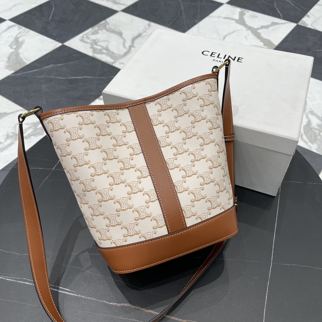 Bagsaaa Ce1i*e Small Bucket In Triomphe Canvas And Calfskin 191442 white - 22cm