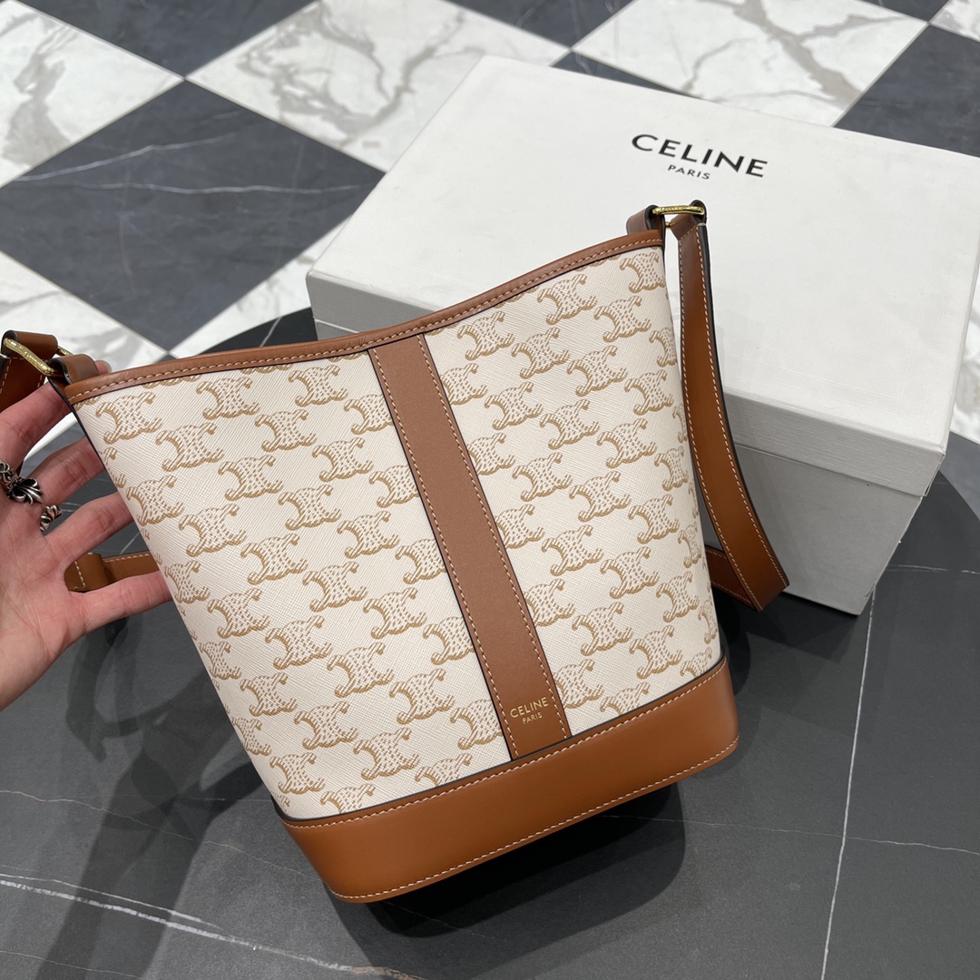 Bagsaaa Ce1i*e Small Bucket In Triomphe Canvas And Calfskin 191442 white - 22cm
