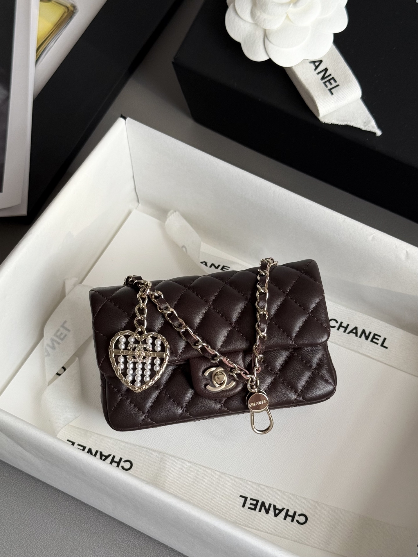 Bagsaaa Ch**el Classic Mini Bag with hook AP4760 Dark Brown - 8 x 12.5 x 5cm