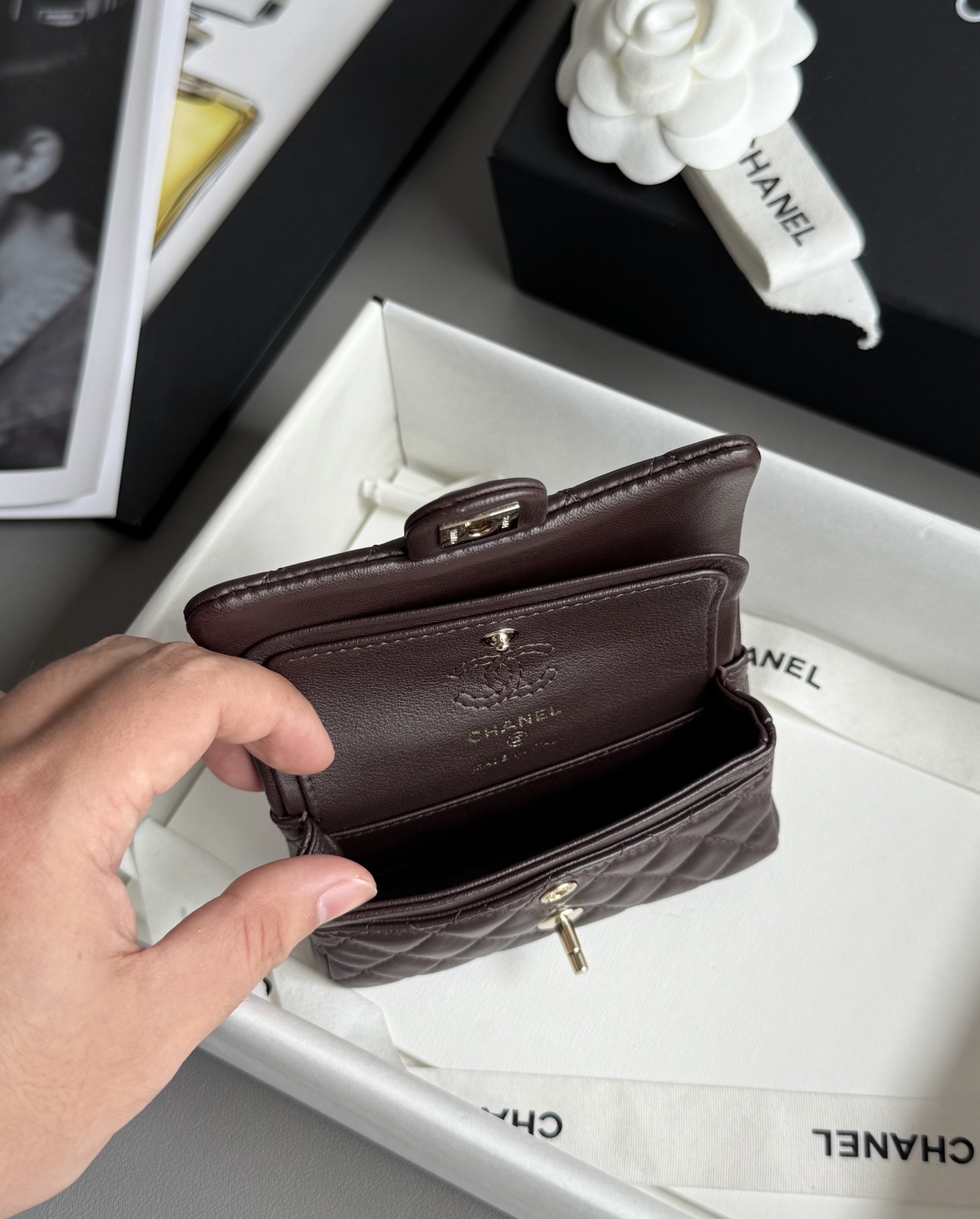 Bagsaaa Ch**el Classic Mini Bag with hook AP4760 Dark Brown - 8 x 12.5 x 5cm