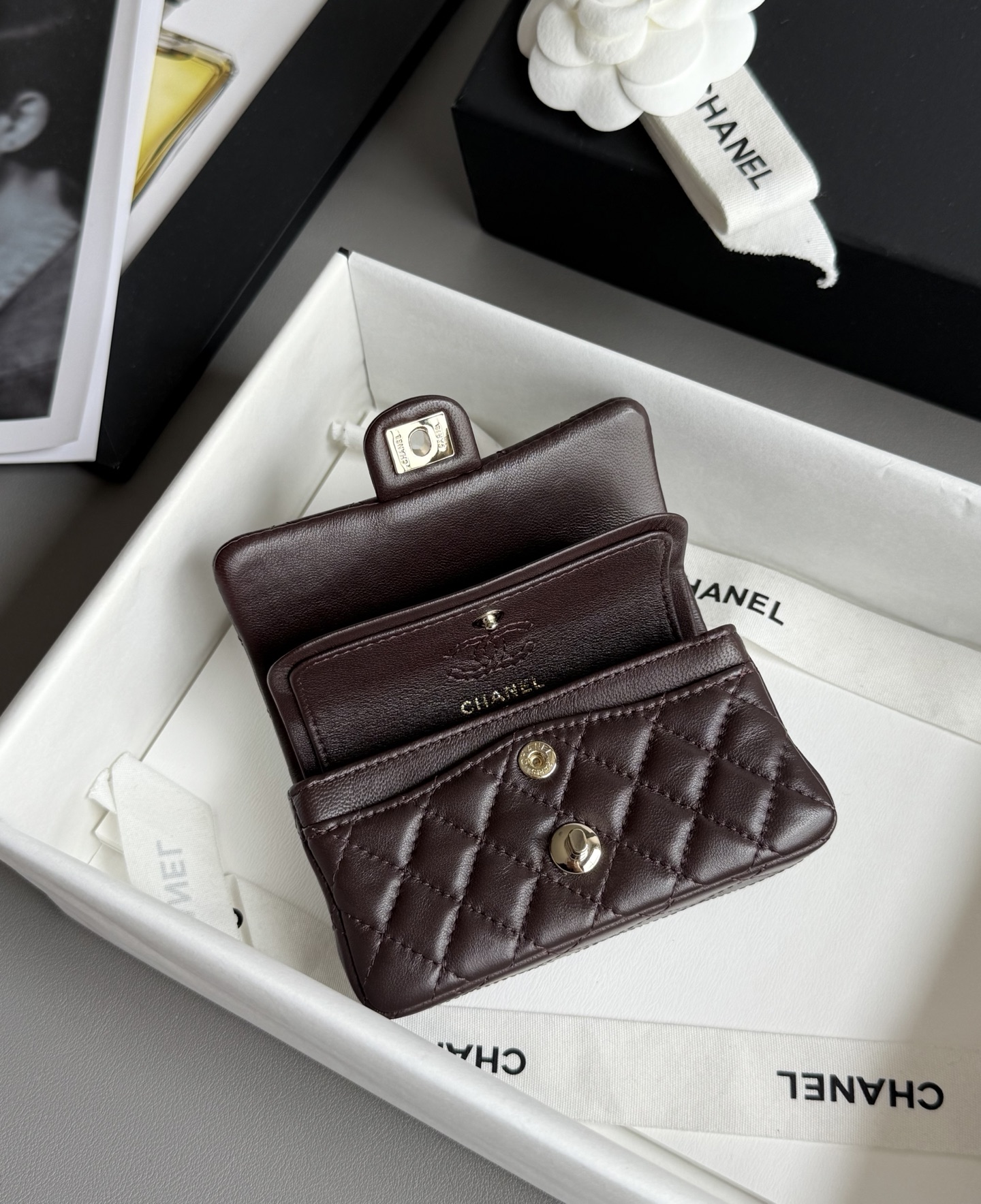 Bagsaaa Ch**el Classic Mini Bag with hook AP4760 Dark Brown - 8 x 12.5 x 5cm