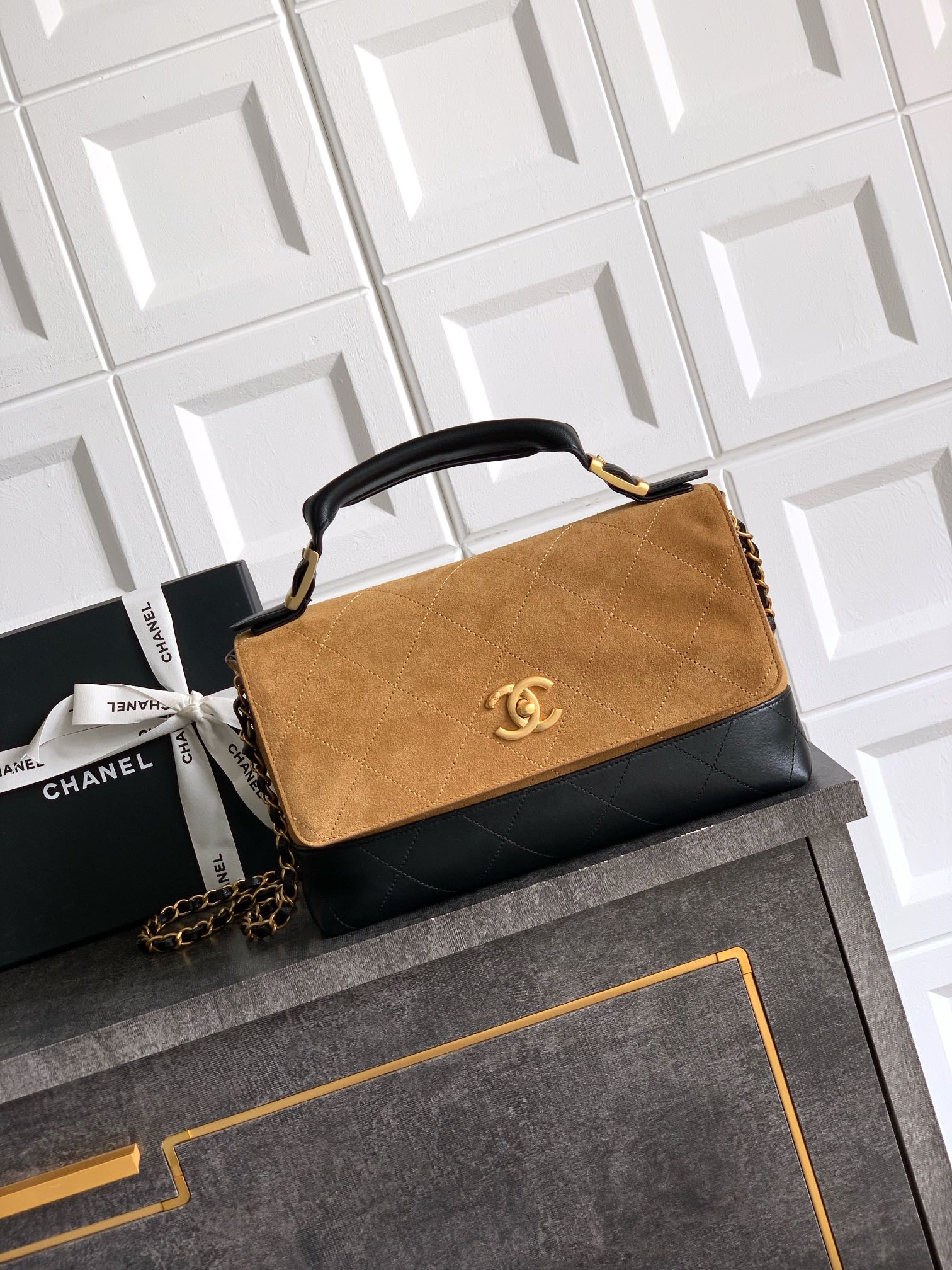Bagsaaa Ch**el Large Flap Bag With Top Handle AS5637 Beige & Black - 29cm