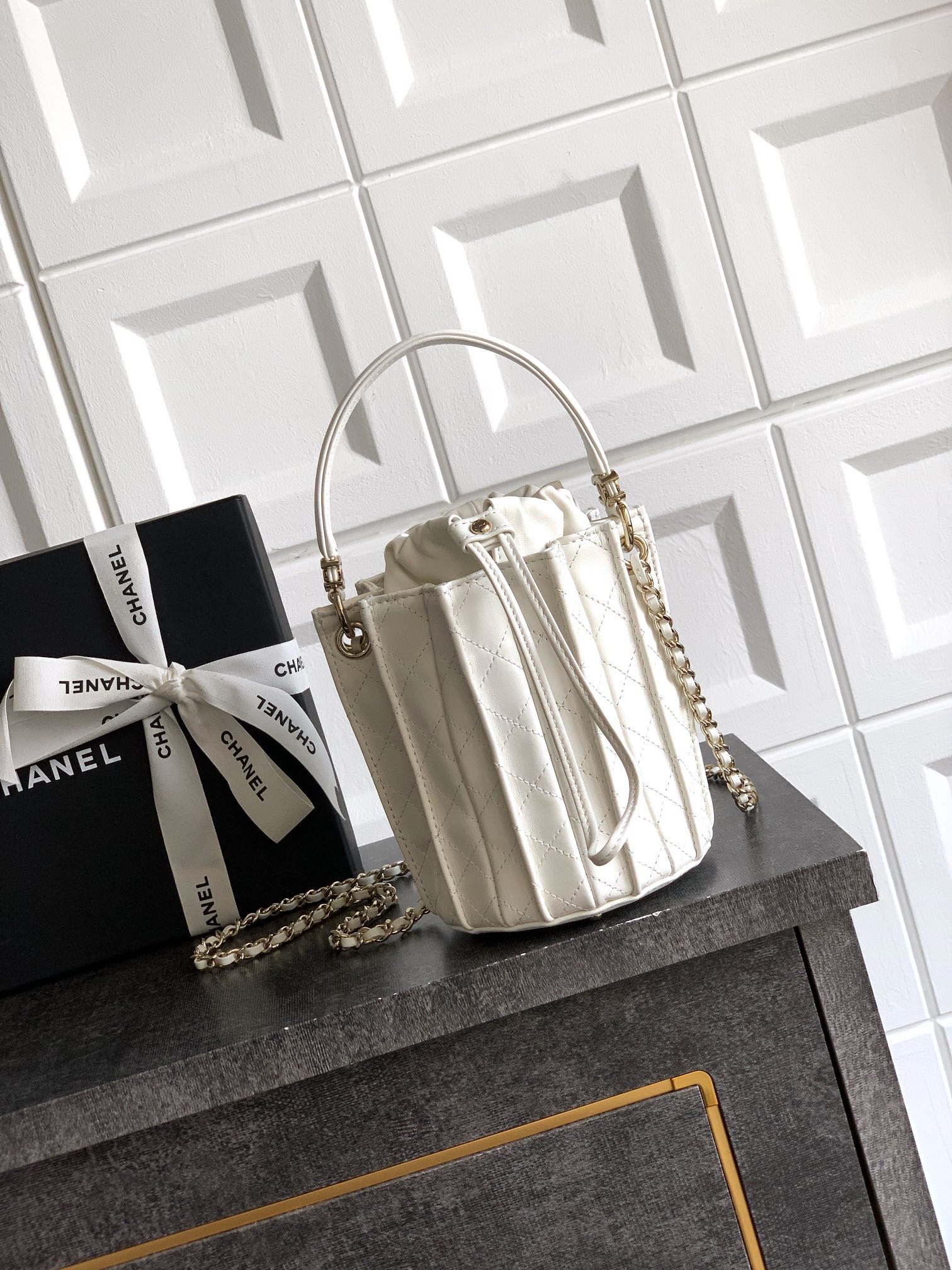 Bagsaaa Ch**el Mini Bucket Bag AS5486 White Lambskin - 15.2 x 14 x 14cm