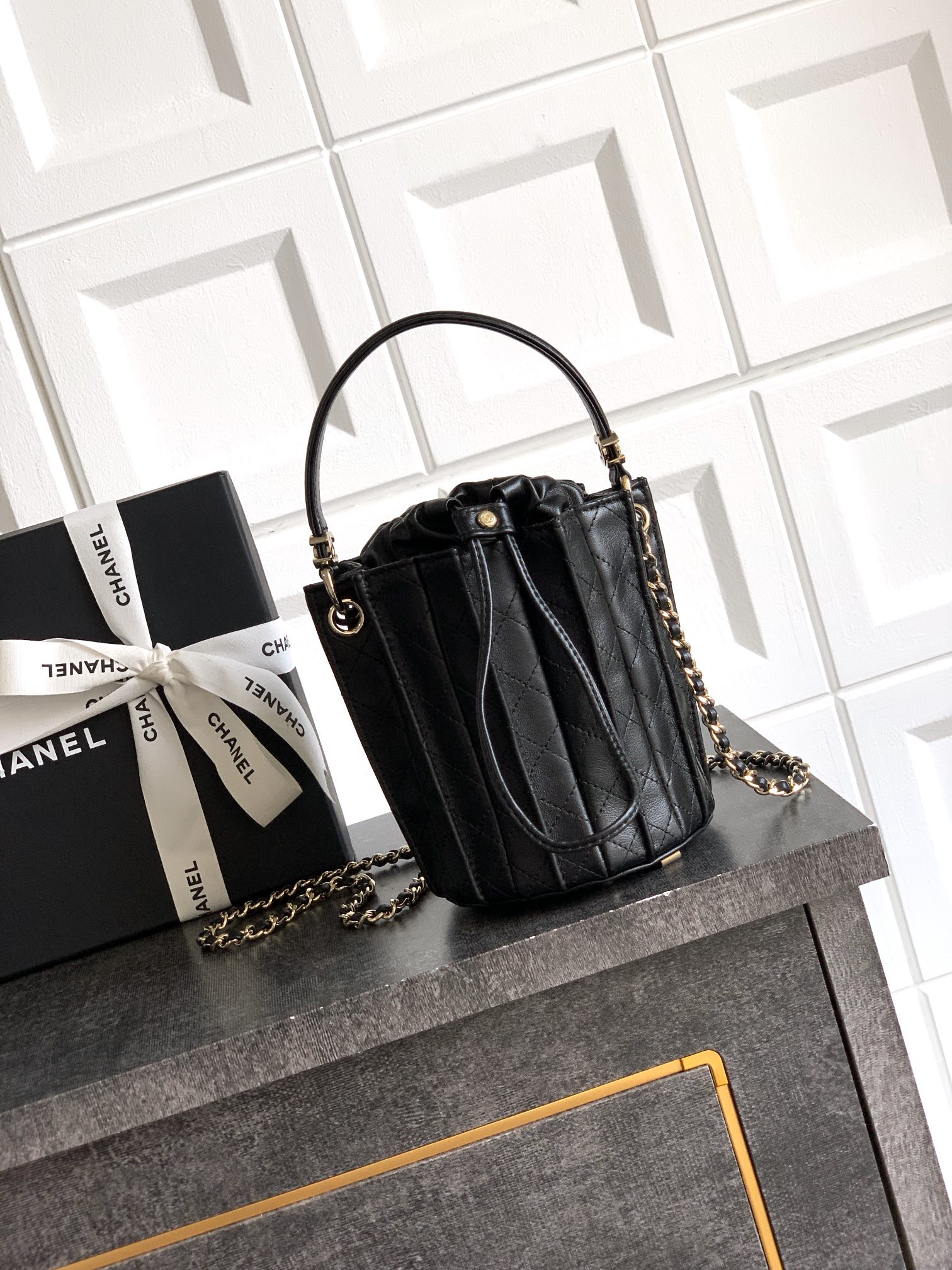 Bagsaaa Ch**el Mini Bucket Bag AS5486 Black Lambskin - 15.2 x 14 x 14cm