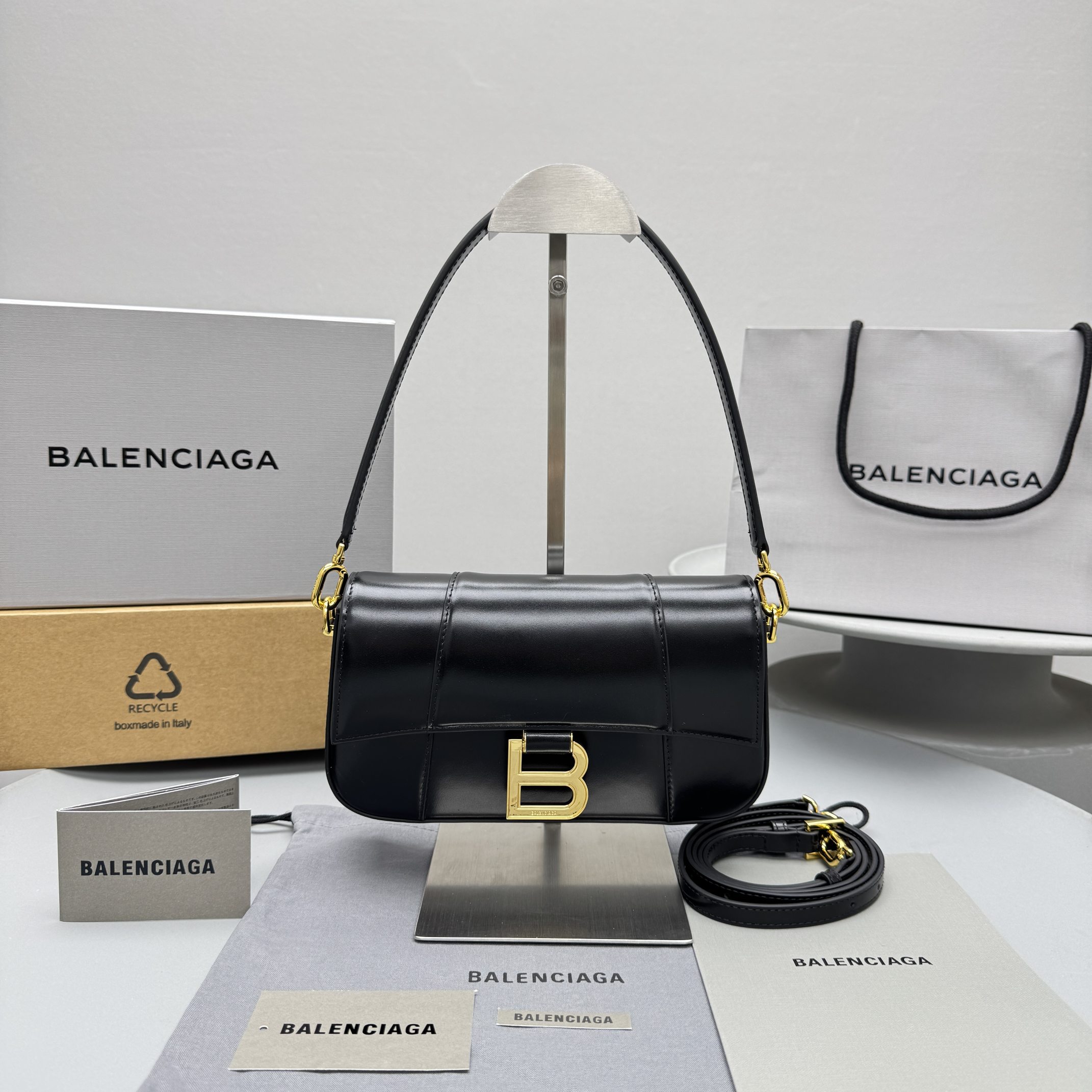 Bagsaaa Ba1en*iaga Hourglass Sling Bag Small in black shiny box calfskin - 23cm