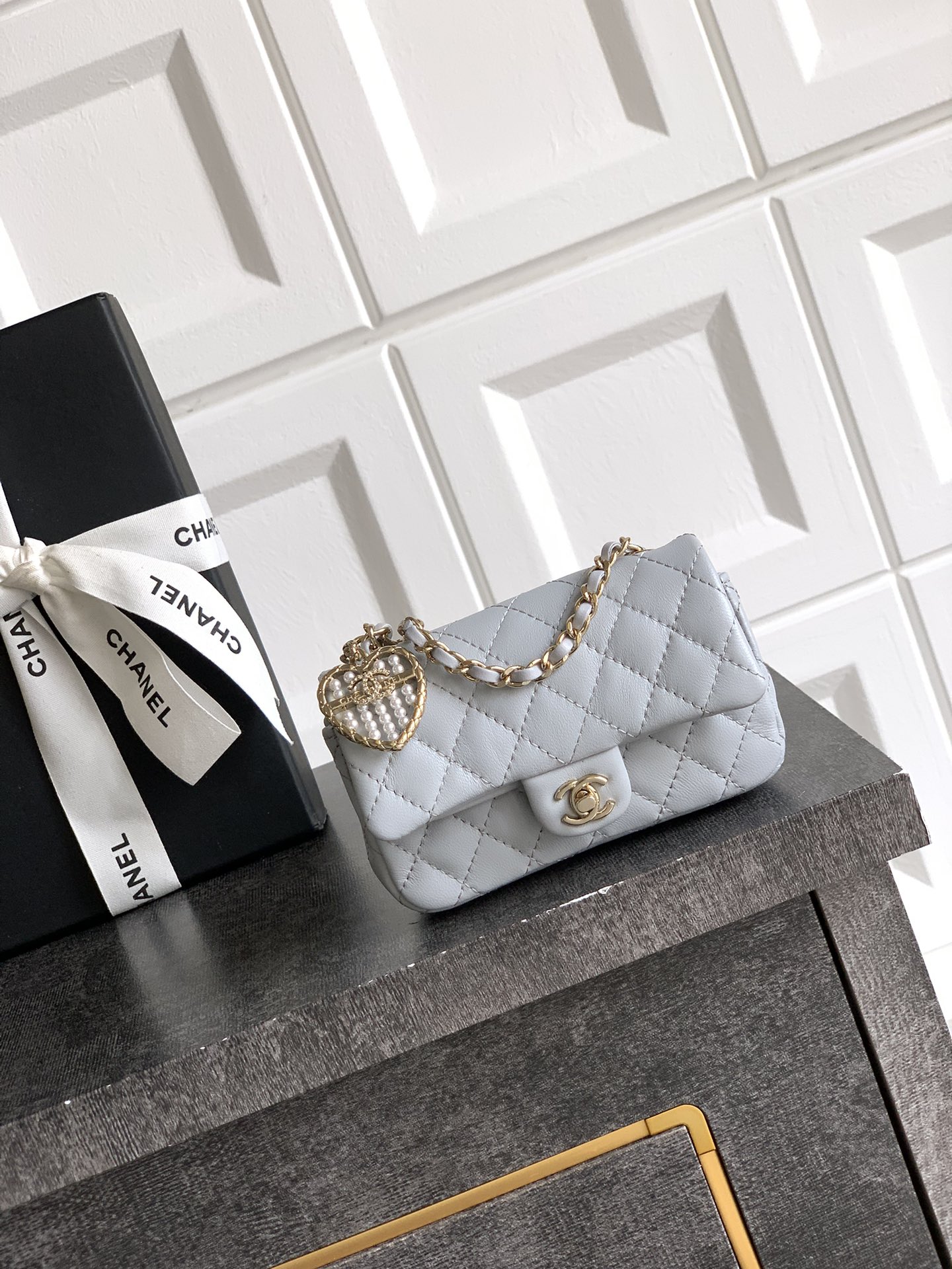 Bagsaaa Ch**el Classic Mini Bag with hook AP4760 Light Gray - 8 x 12.5 x 5cm