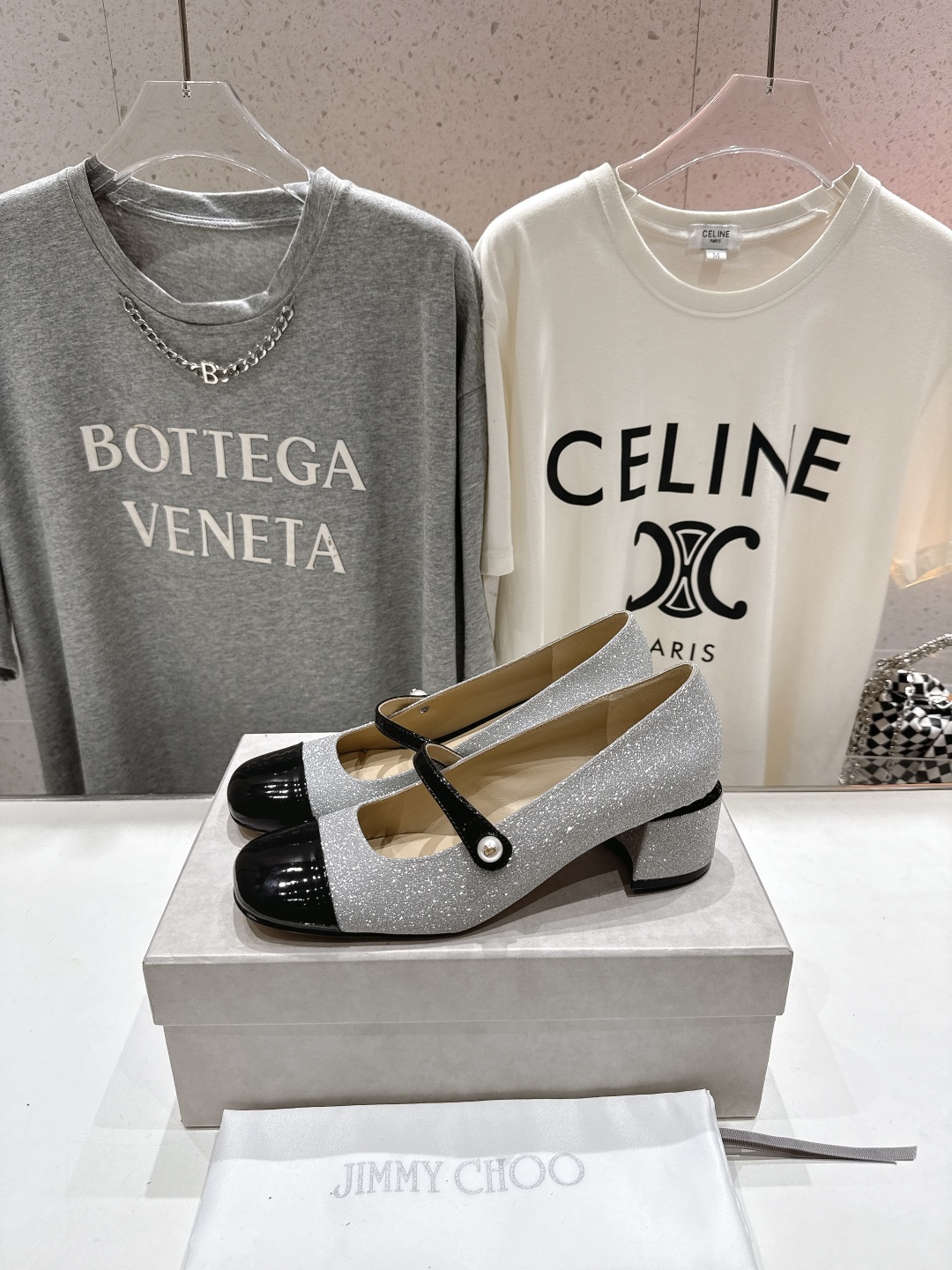 Bagsaaa J1m*y Ch00 Elisa 45 Silver Glitter and Patent Pumps