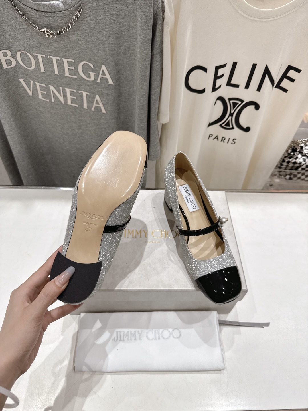 Bagsaaa J1m*y Ch00 Elisa 45 Silver Glitter and Patent Pumps
