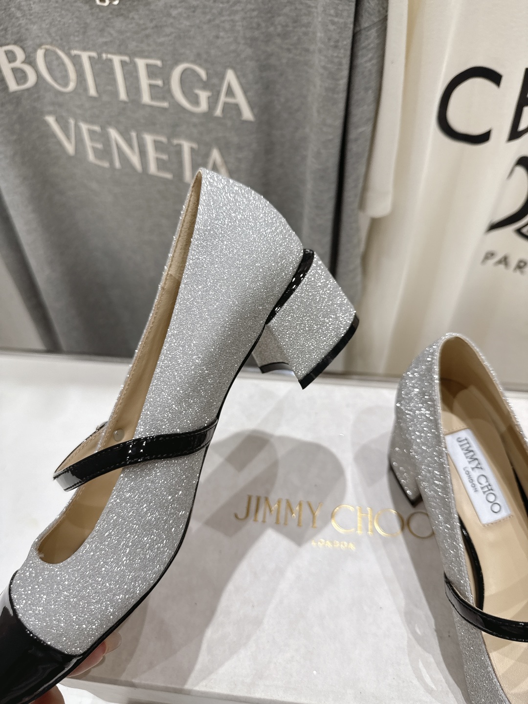 Bagsaaa J1m*y Ch00 Elisa 45 Silver Glitter and Patent Pumps