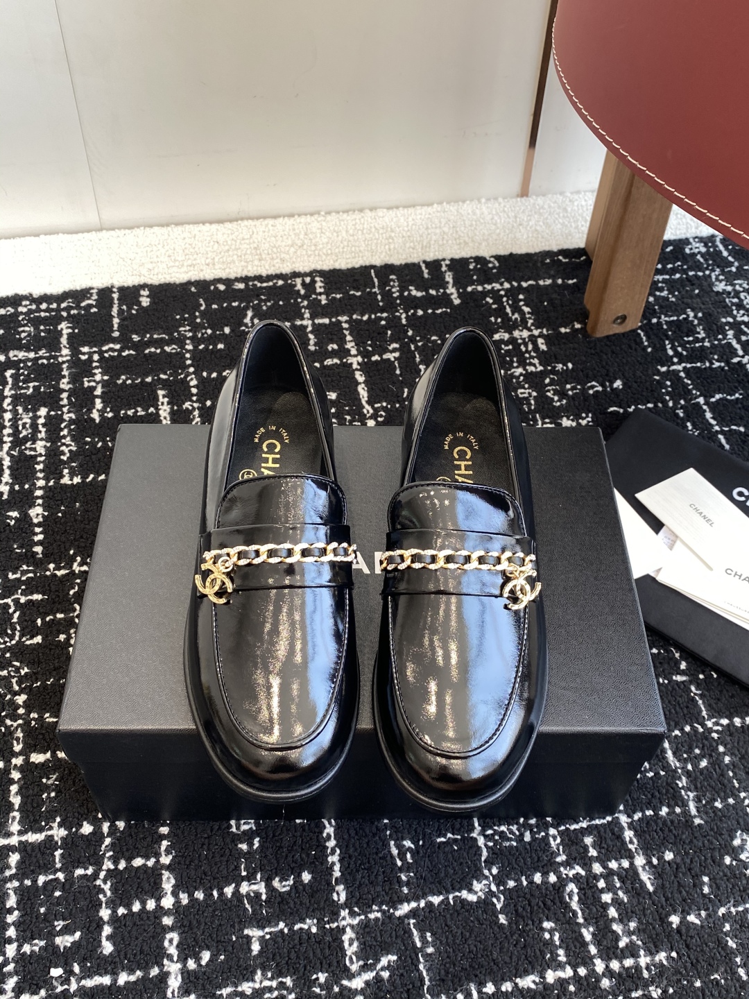Bagsaaa Ch**el Moccasins G46581 Black Shiny Lambskin