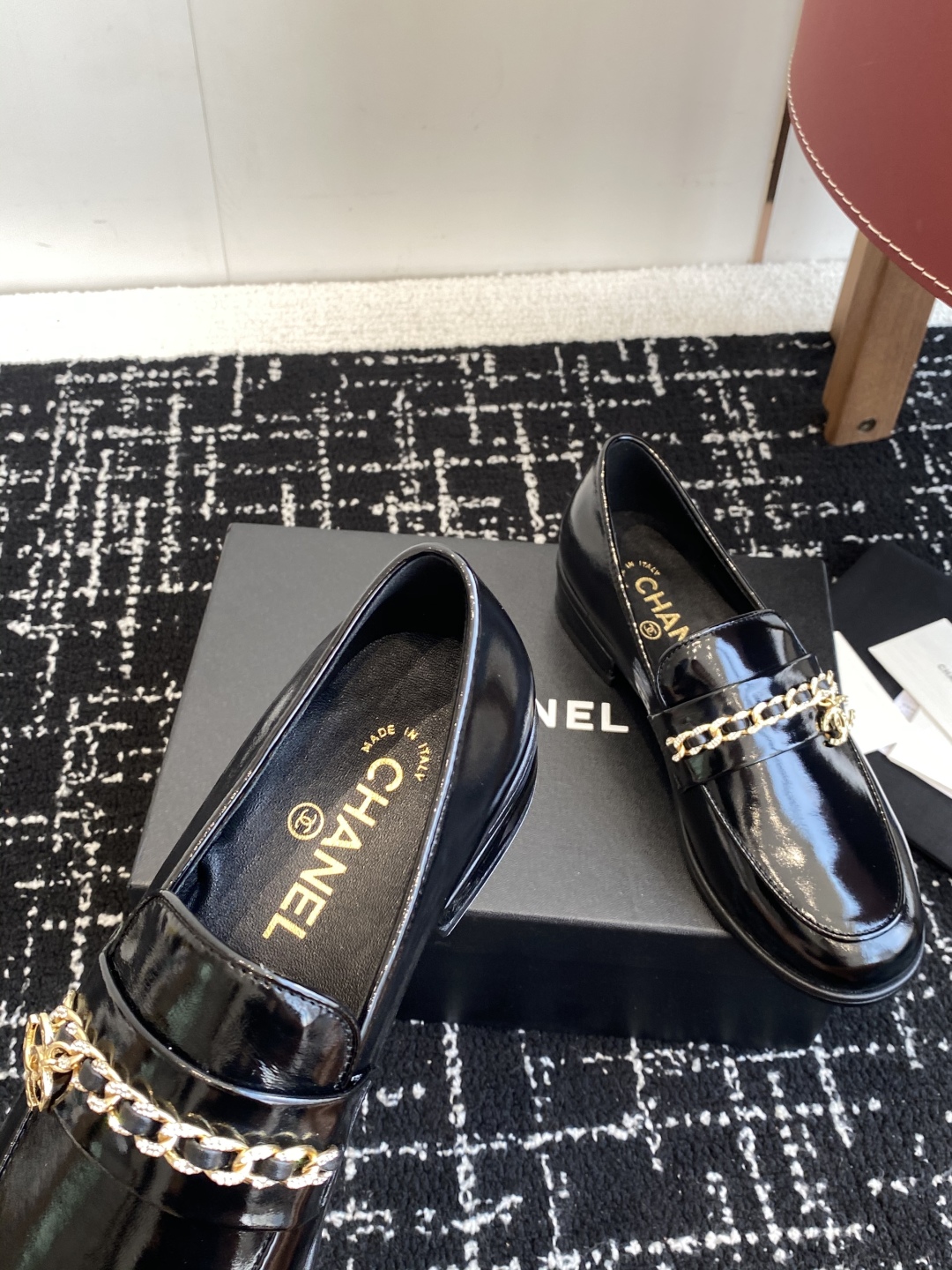 Bagsaaa Ch**el Moccasins G46581 Black Shiny Lambskin