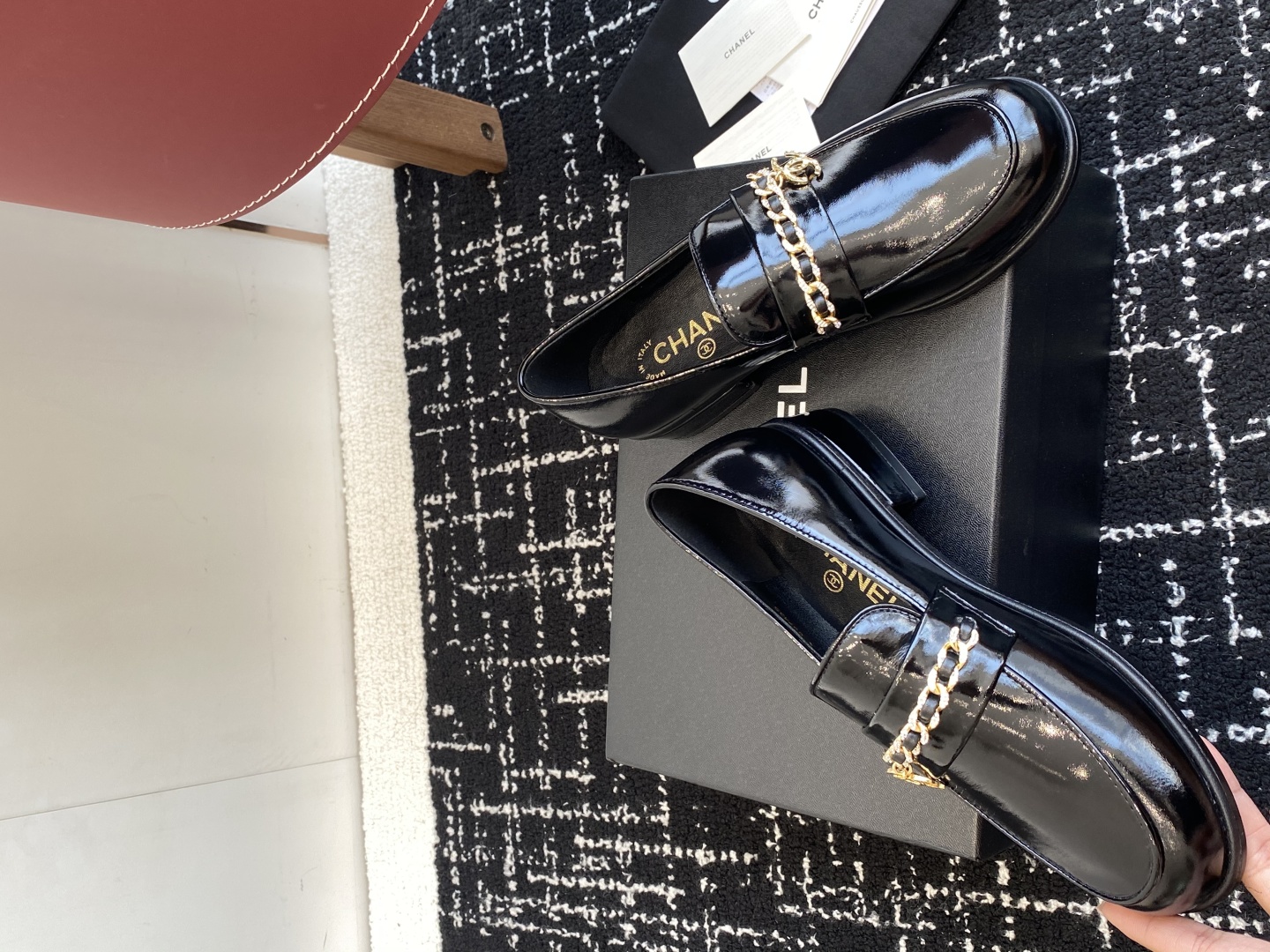 Bagsaaa Ch**el Moccasins G46581 Black Shiny Lambskin