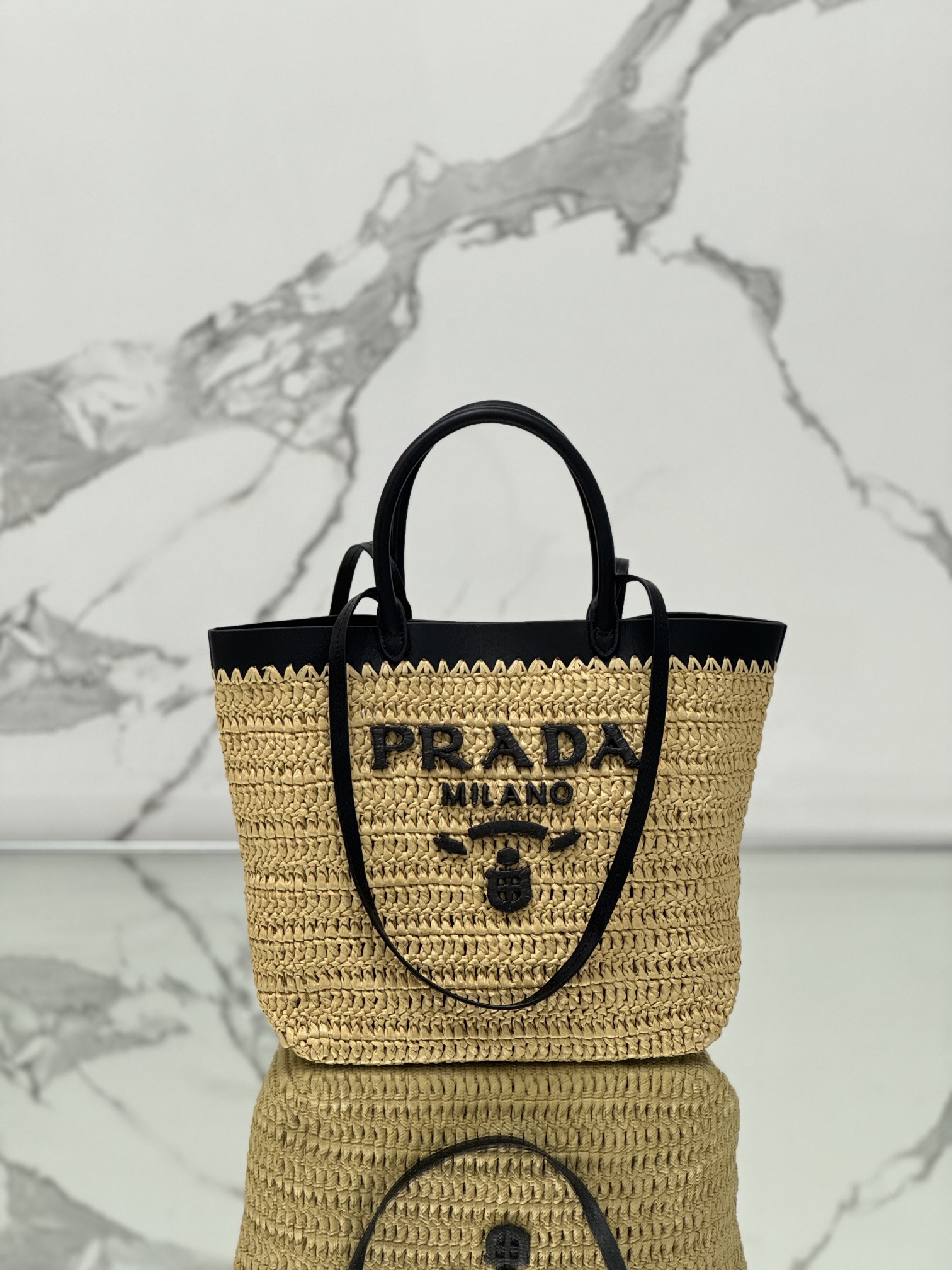 Bagsaaa Pra*a Small crochet and leather tote bag 1BG500 Tan/Black - 26cm