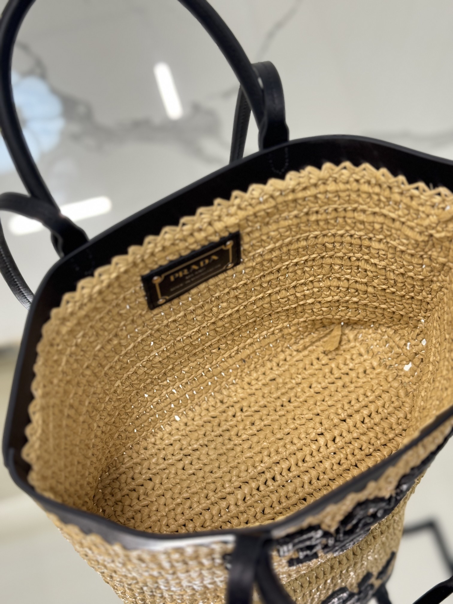 Bagsaaa Pra*a Small crochet and leather tote bag 1BG500 Tan/Black - 26cm