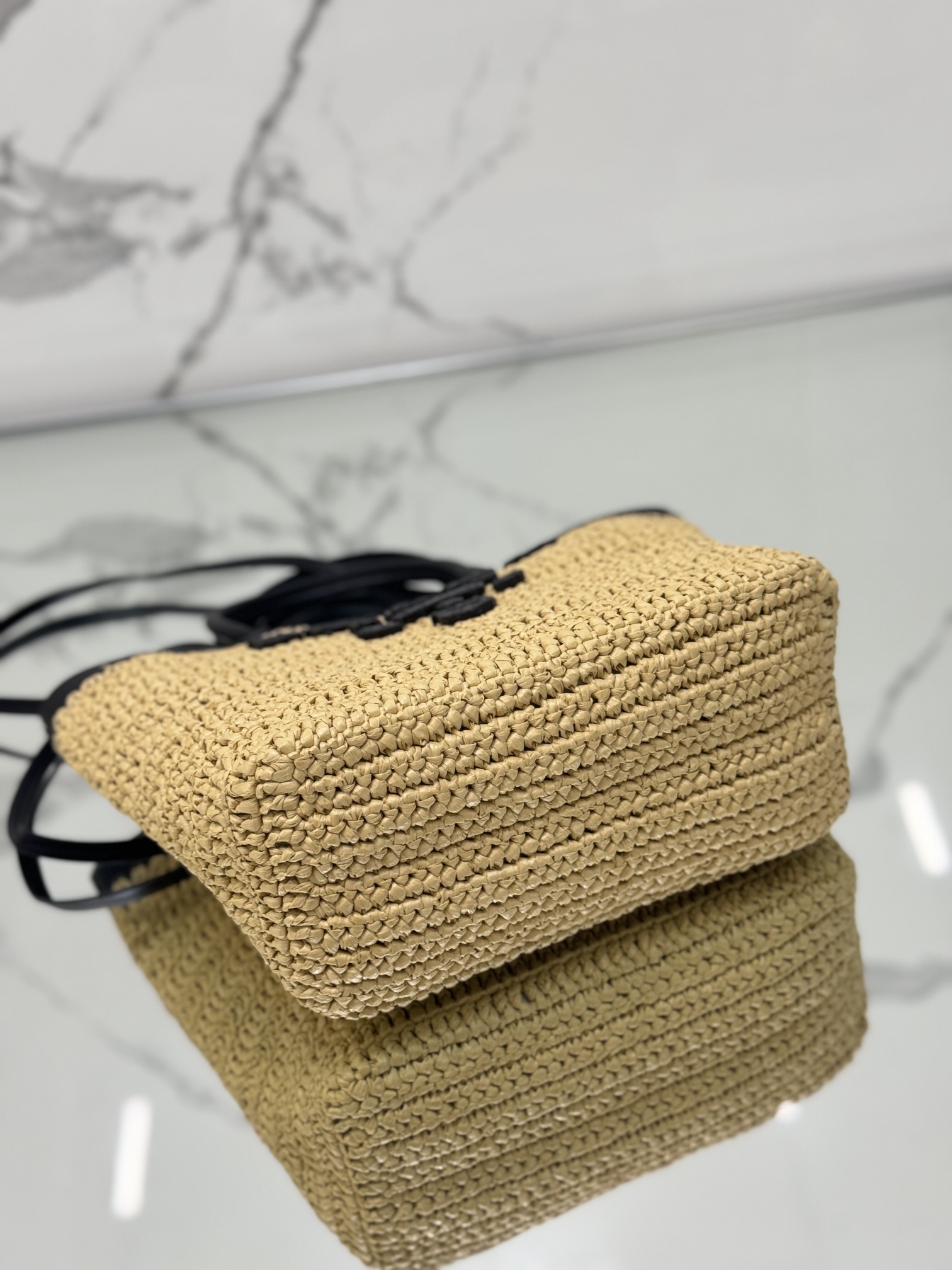 Bagsaaa Pra*a Small crochet and leather tote bag 1BG500 Tan/Black - 26cm