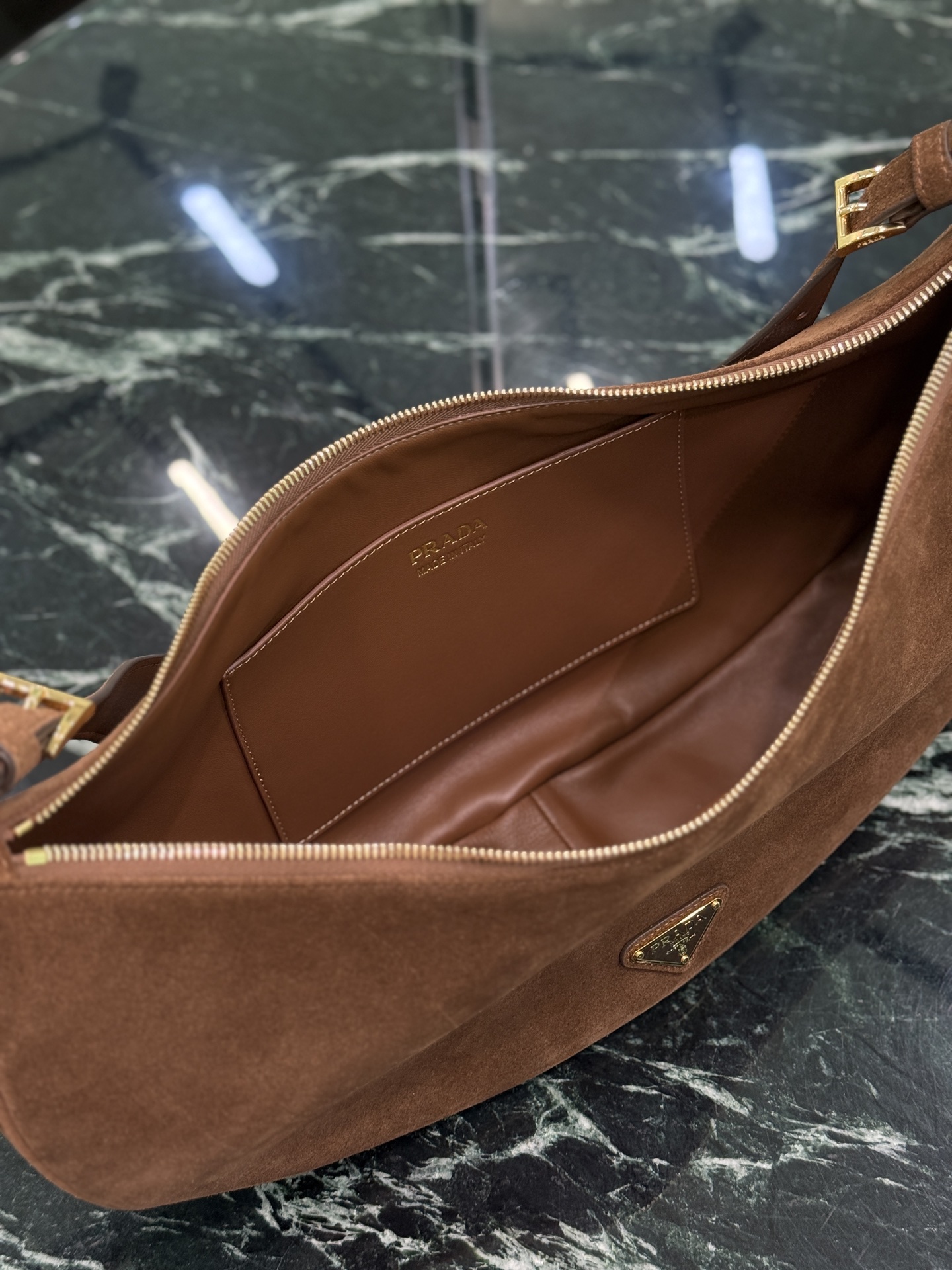 Bagsaaa Pra*a Demi-lune large suede shoulder bag 1BC255 brown - 42cm