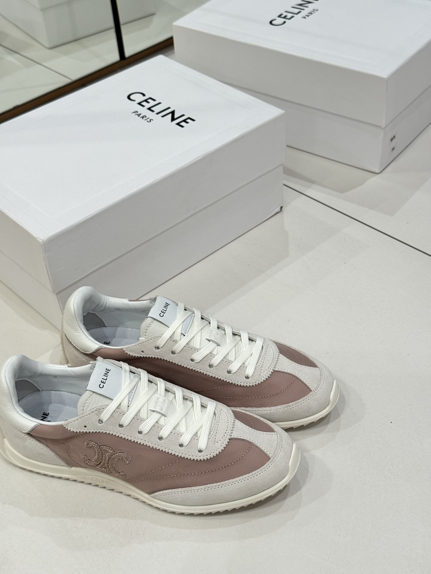 Bagsaaa Ce1i*e Racer Low Top Sneaker In Nylon, Suede Calfskin And Calfskin Pink
