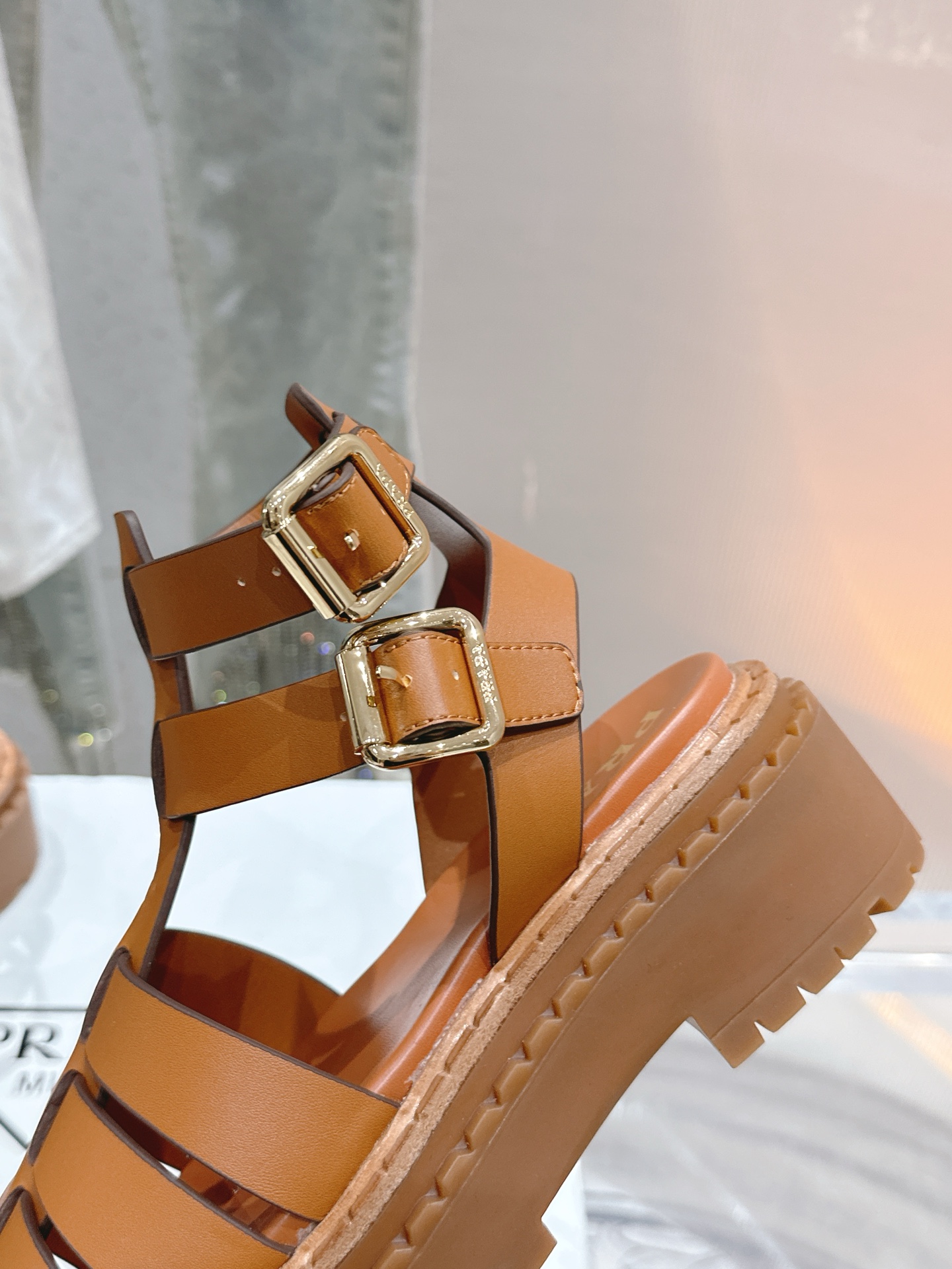 Bagsaaa Pra*a Leather sandals with ankle straps 1X924N brown