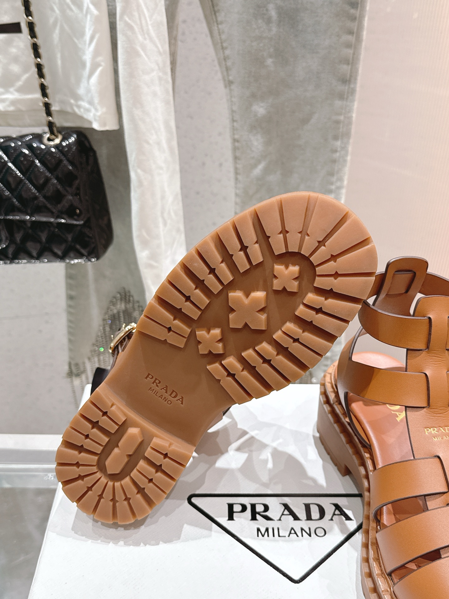 Bagsaaa Pra*a Leather sandals with ankle straps 1X924N brown