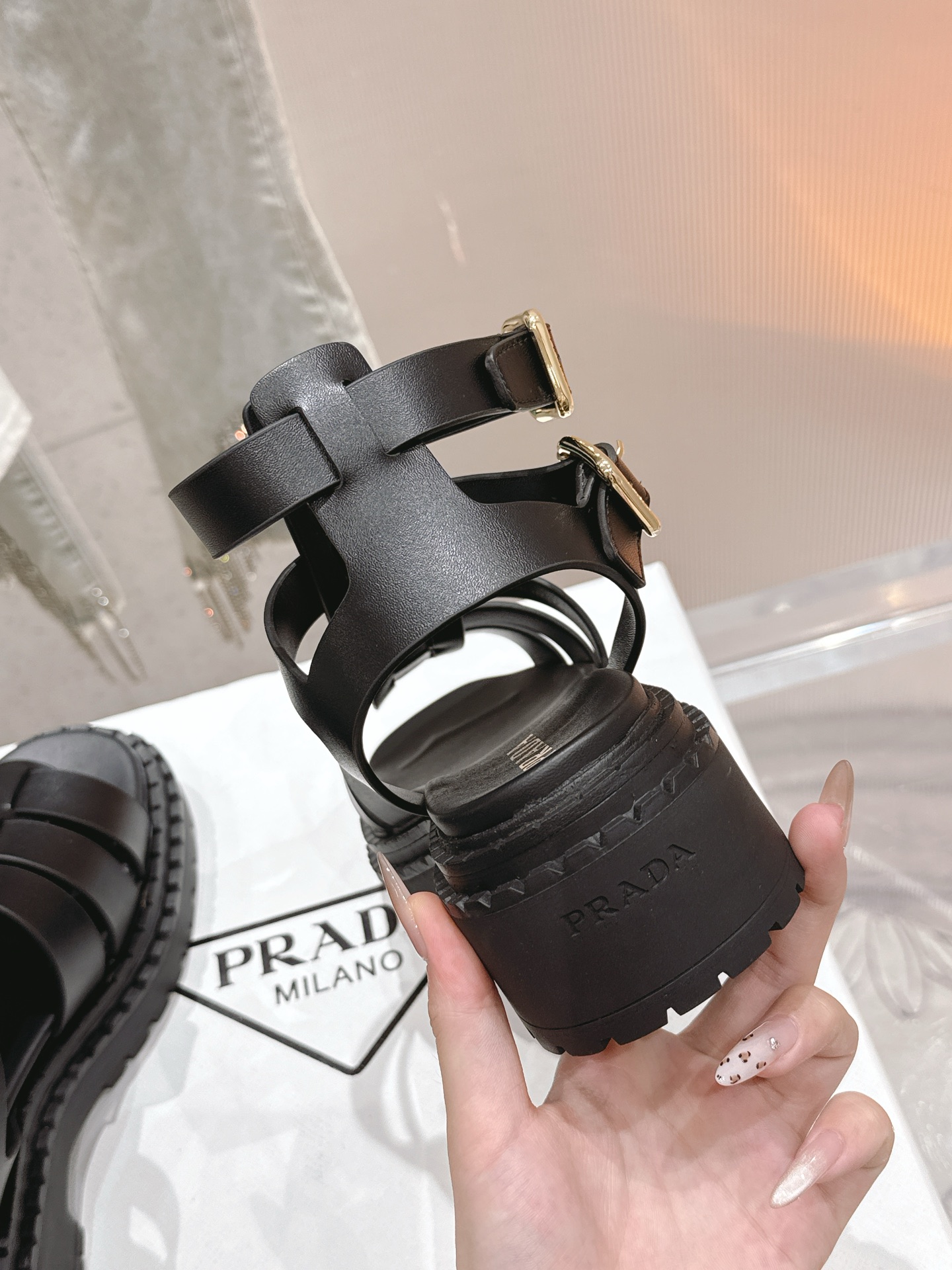 Bagsaaa Pra*a Leather sandals with ankle straps 1X924N black