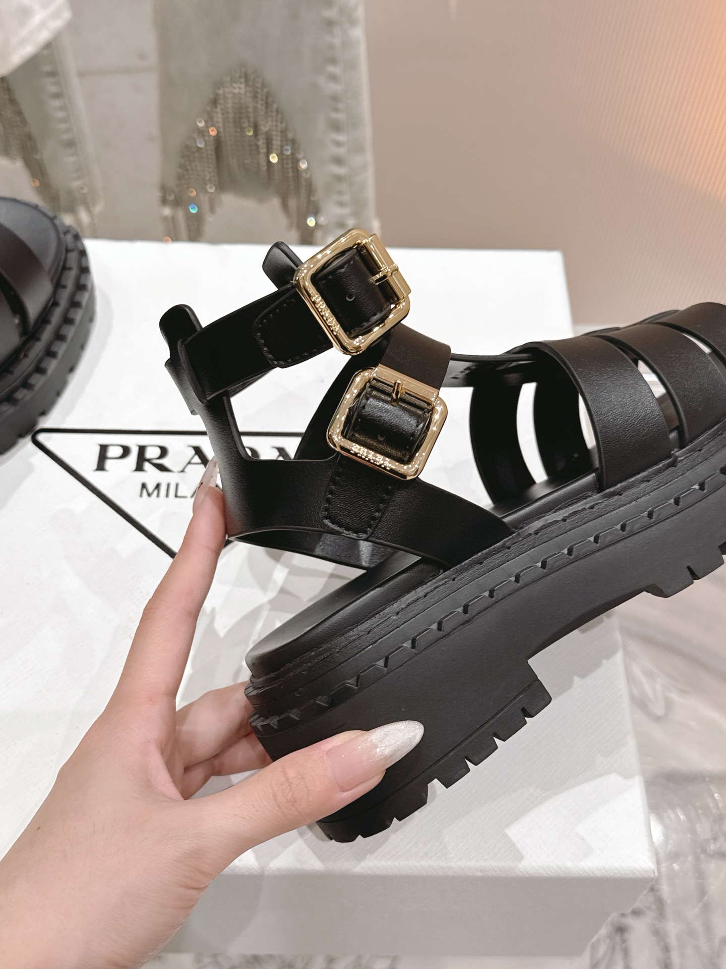 Bagsaaa Pra*a Leather sandals with ankle straps 1X924N black