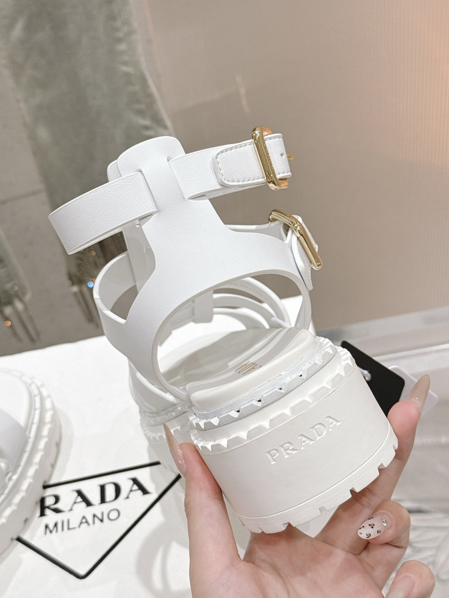 Bagsaaa Pra*a Leather sandals with ankle straps 1X924N white