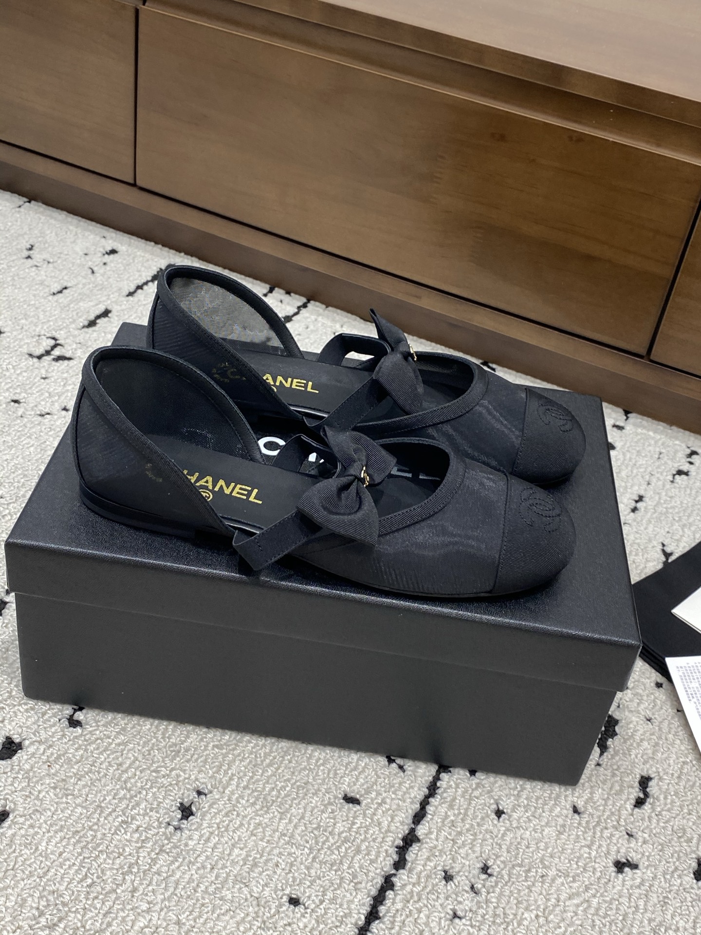 Bagsaaa Ch**el Mary Janes G46701 Black Mesh & Grosgrain