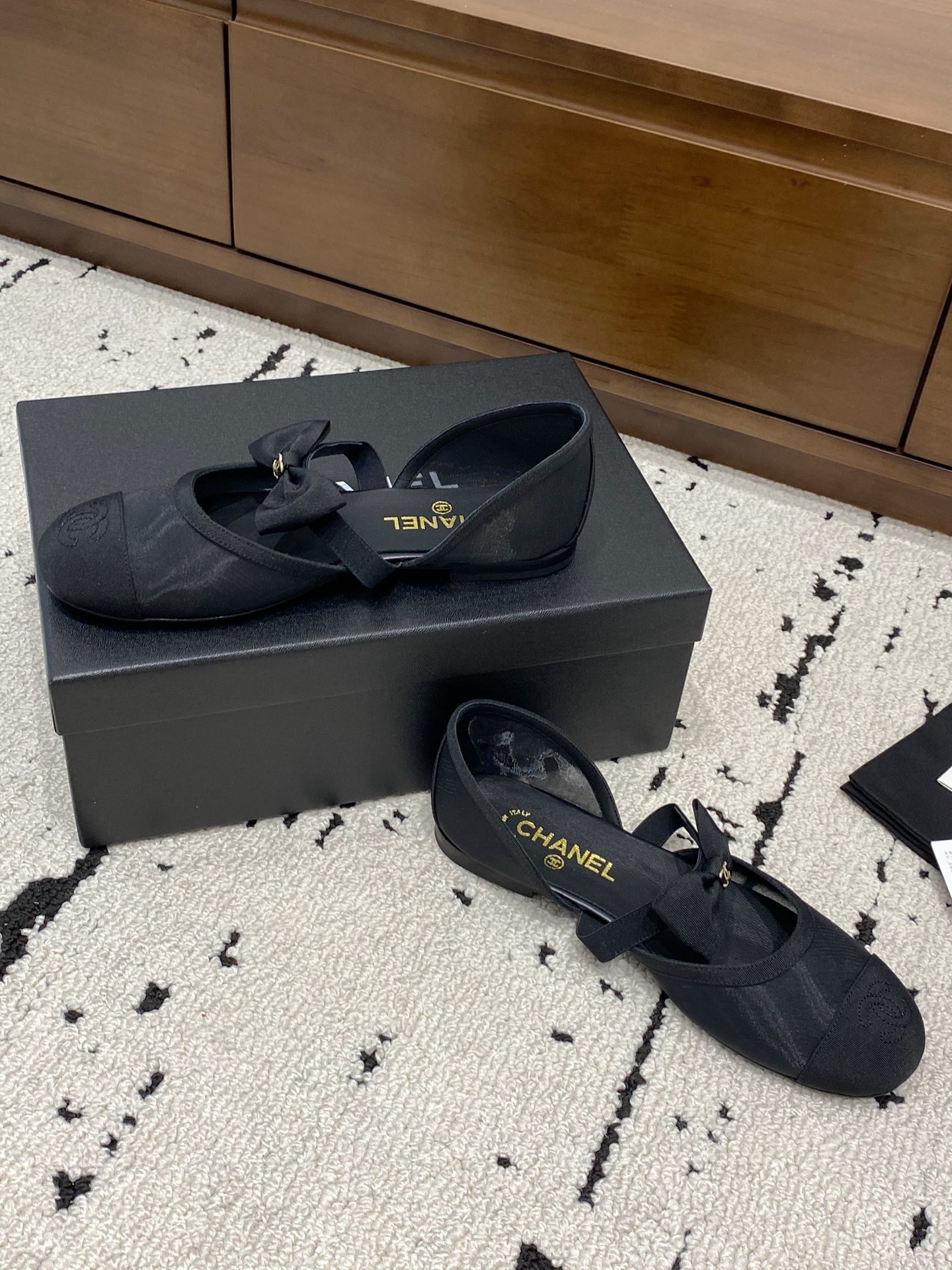 Bagsaaa Ch**el Mary Janes G46701 Black Mesh & Grosgrain