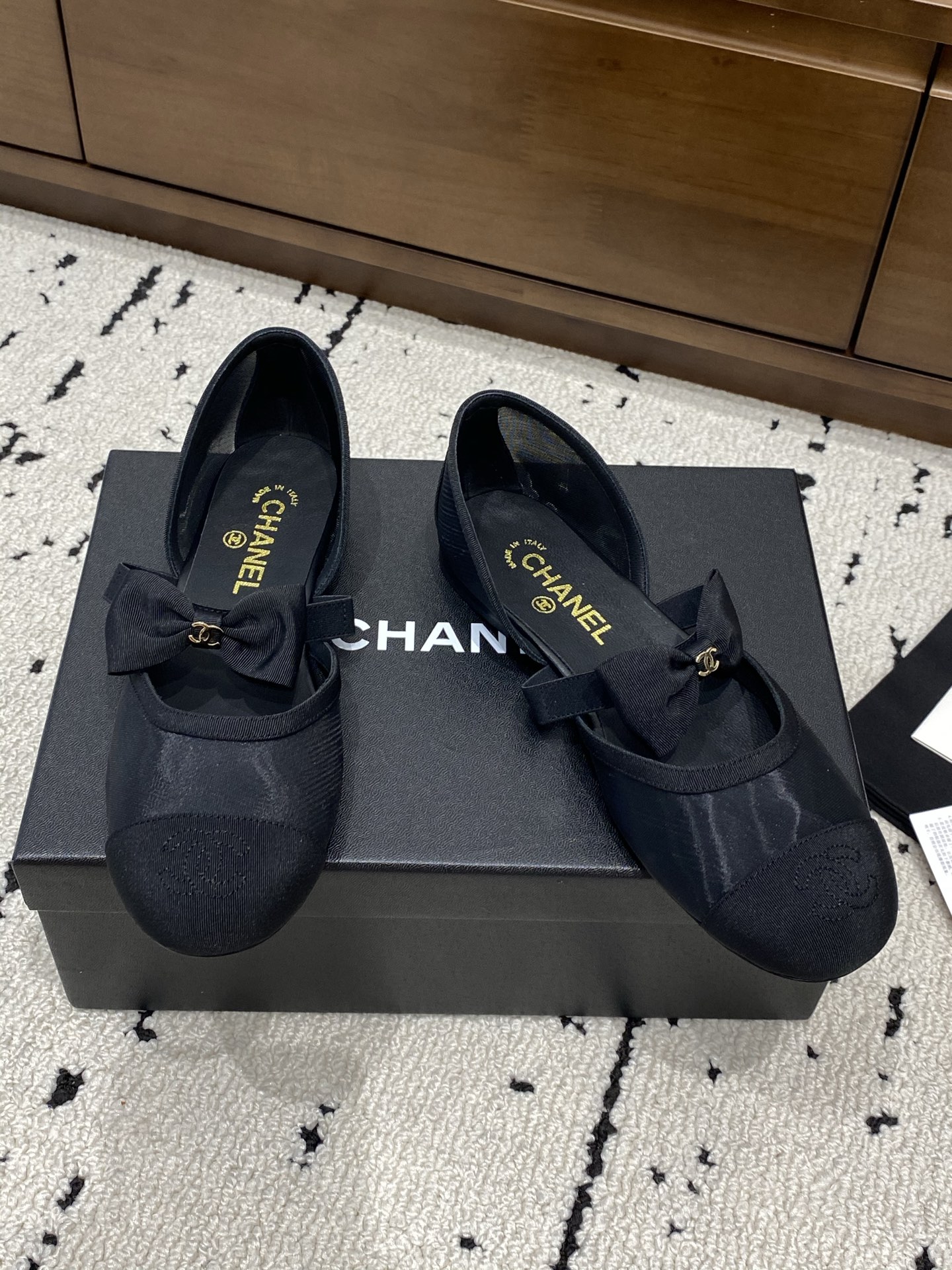Bagsaaa Ch**el Mary Janes G46701 Black Mesh & Grosgrain