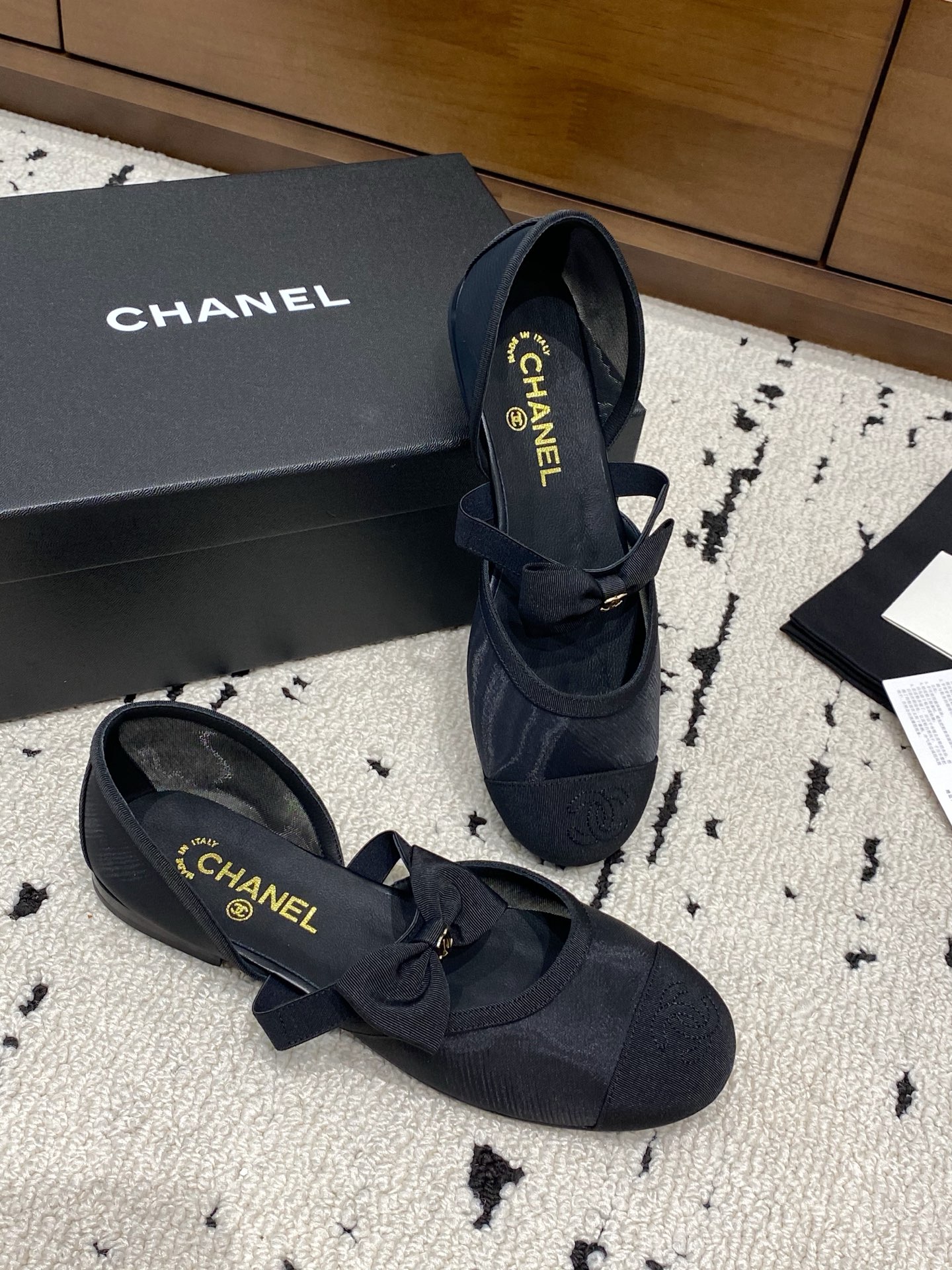 Bagsaaa Ch**el Mary Janes G46701 Black Mesh & Grosgrain