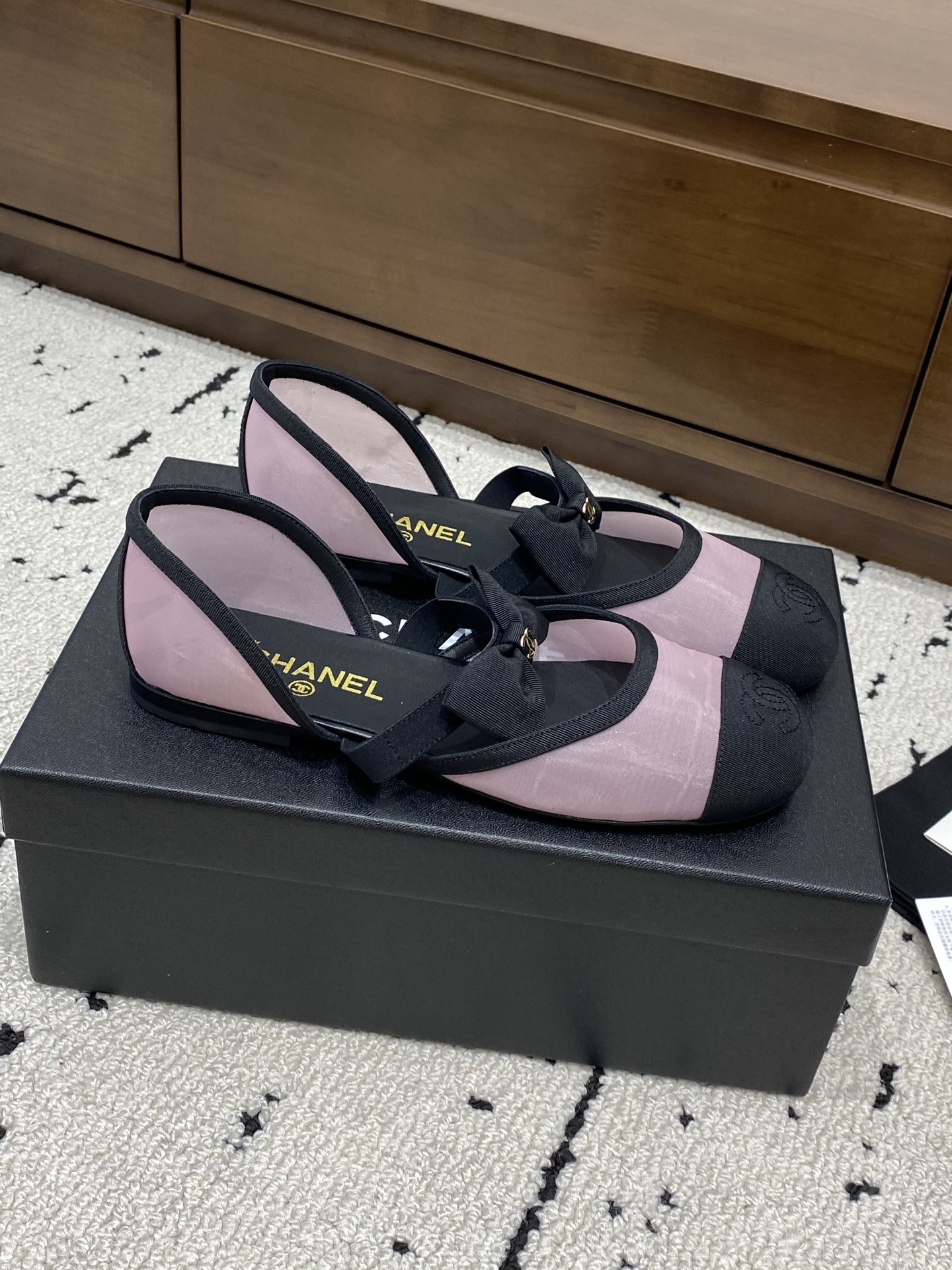 Bagsaaa Ch**el Mary Janes G46701 Pink Mesh & Grosgrain