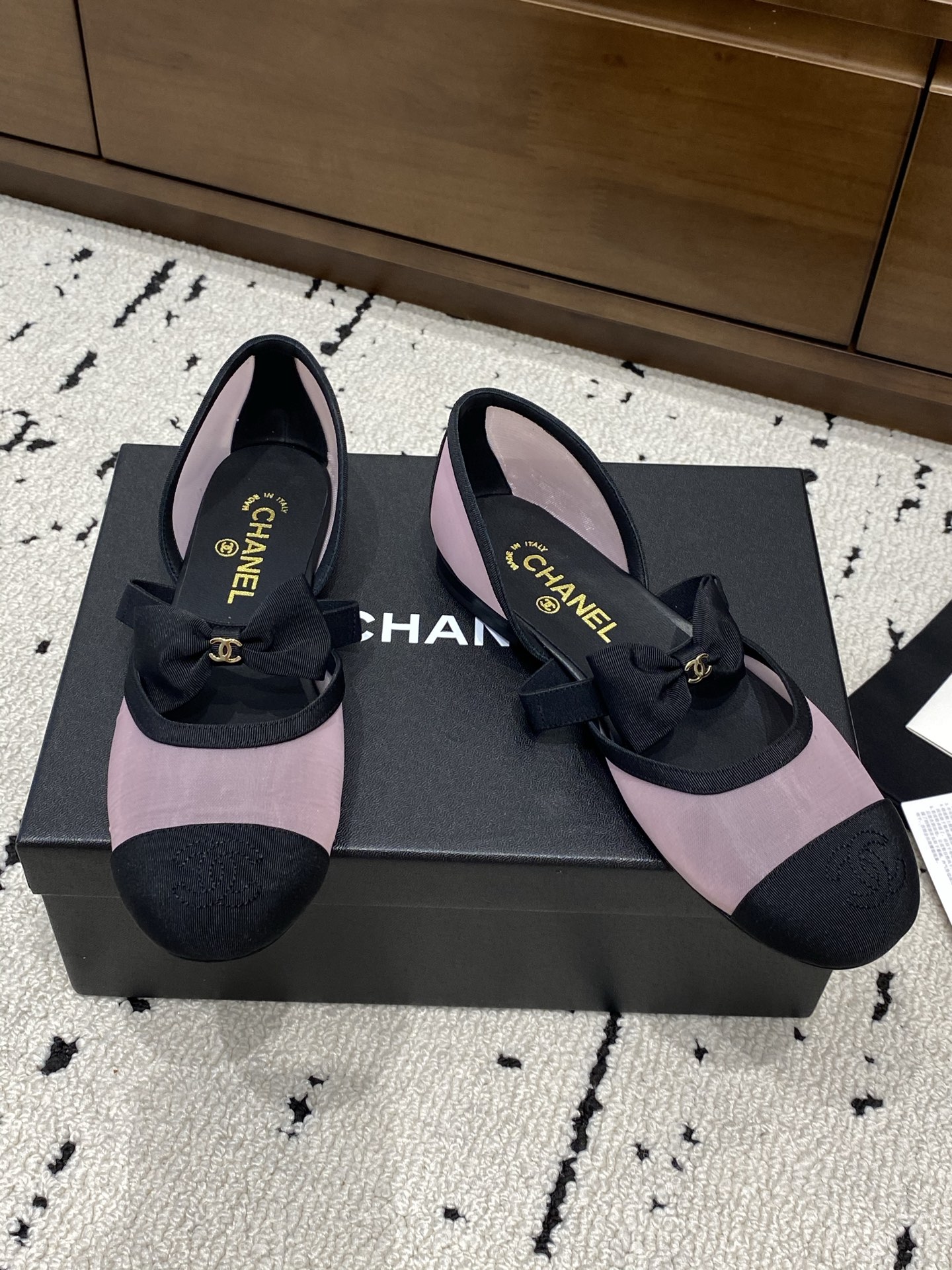 Bagsaaa Ch**el Mary Janes G46701 Pink Mesh & Grosgrain