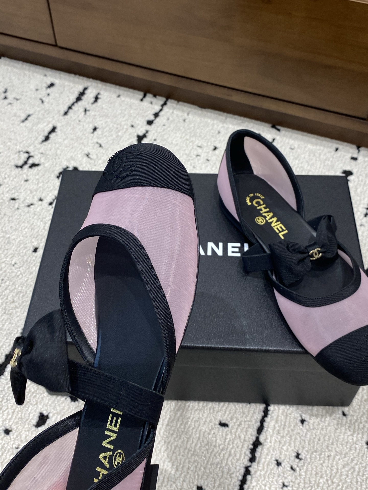 Bagsaaa Ch**el Mary Janes G46701 Pink Mesh & Grosgrain