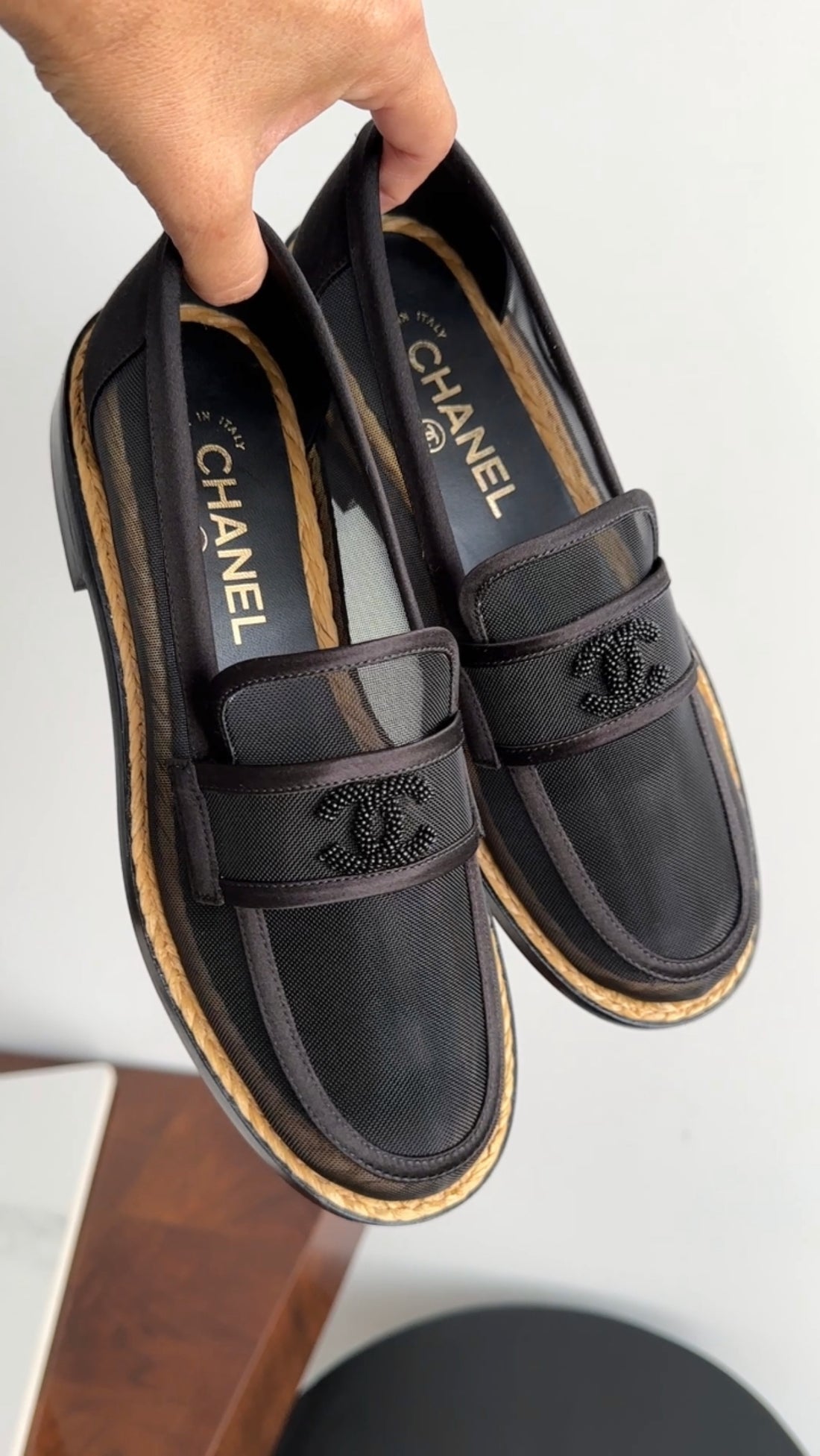 Bagsaaa Ch**el Pearl Logo Black Mesh Loafer