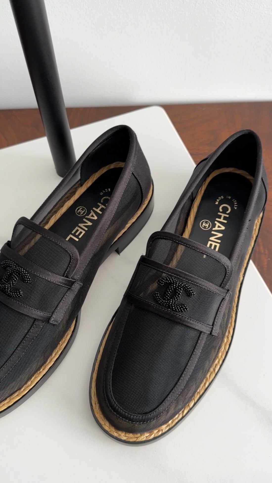 Bagsaaa Ch**el Pearl Logo Black Mesh Loafer