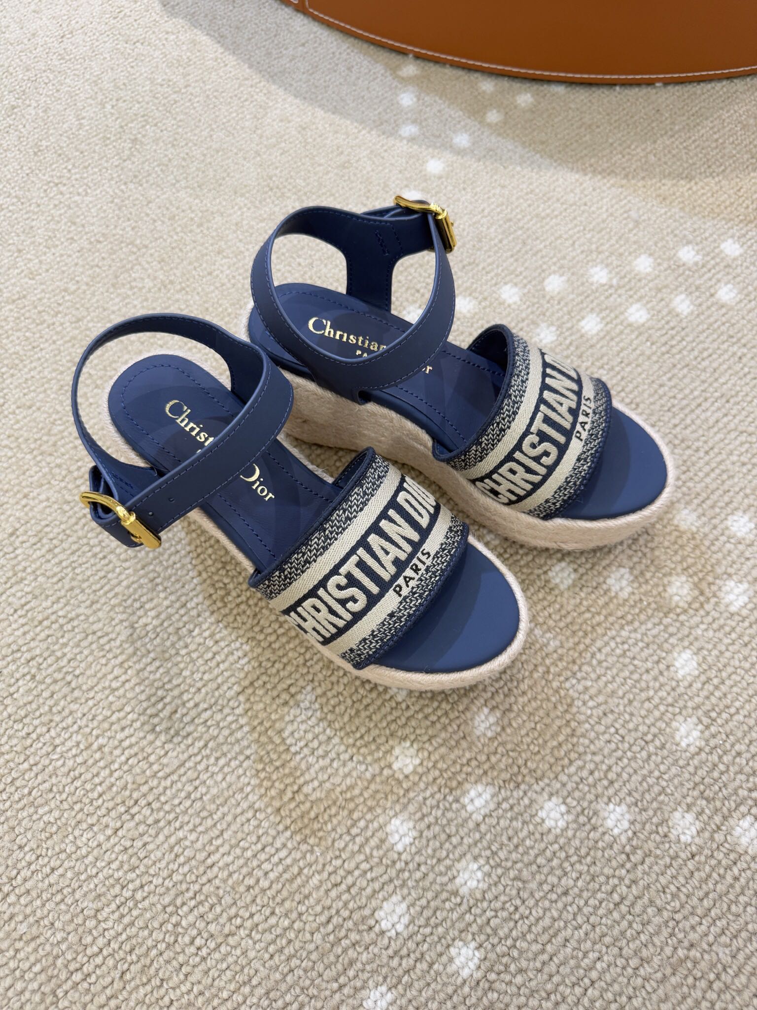Bagsaaa D10r Dway Wedge Sandal Deep Blue Calfskin and Embroidered Cotton