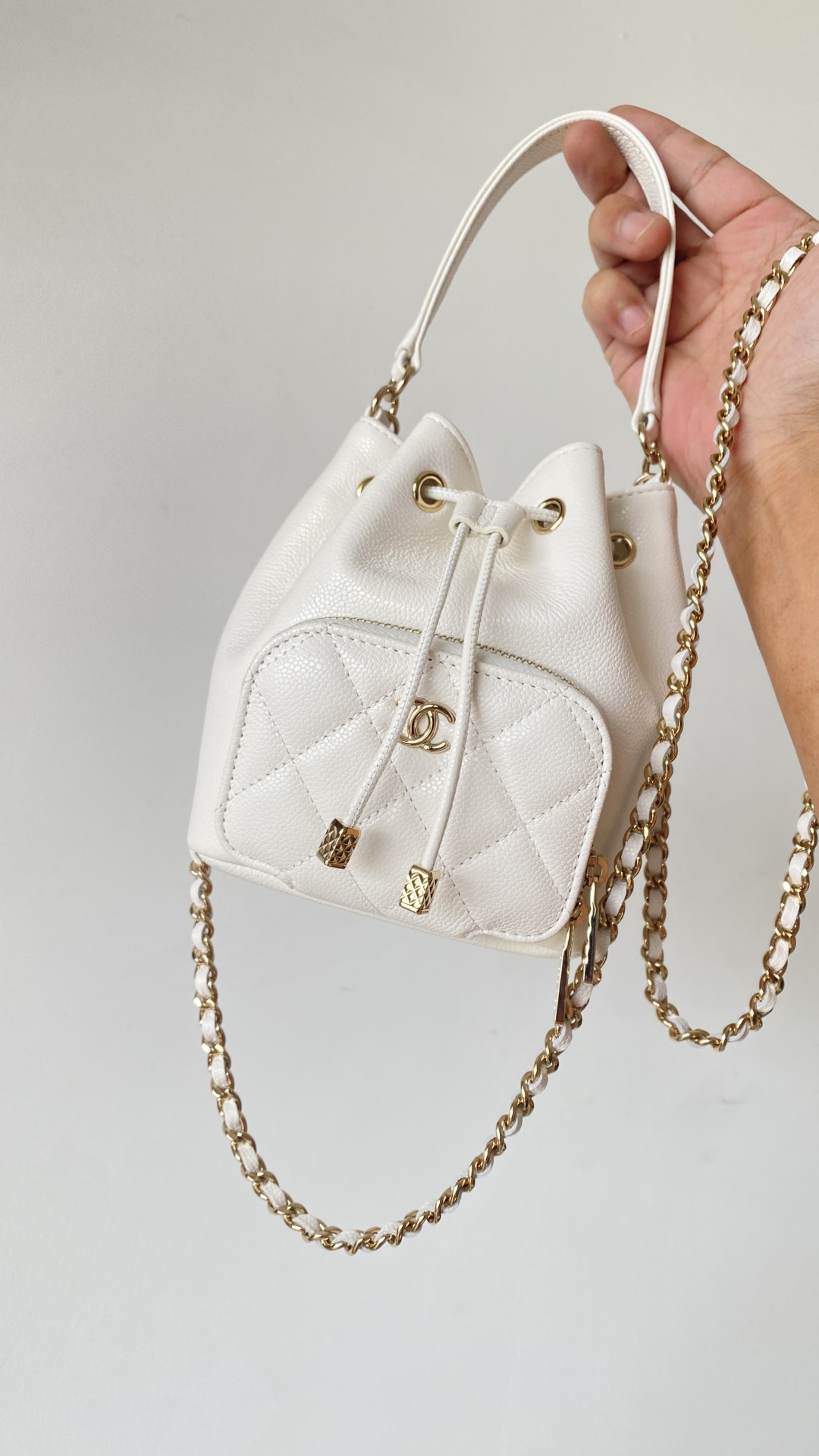 Bagsaaa Ch**el Clutch with chain AP4775 White Caviar - 15cm