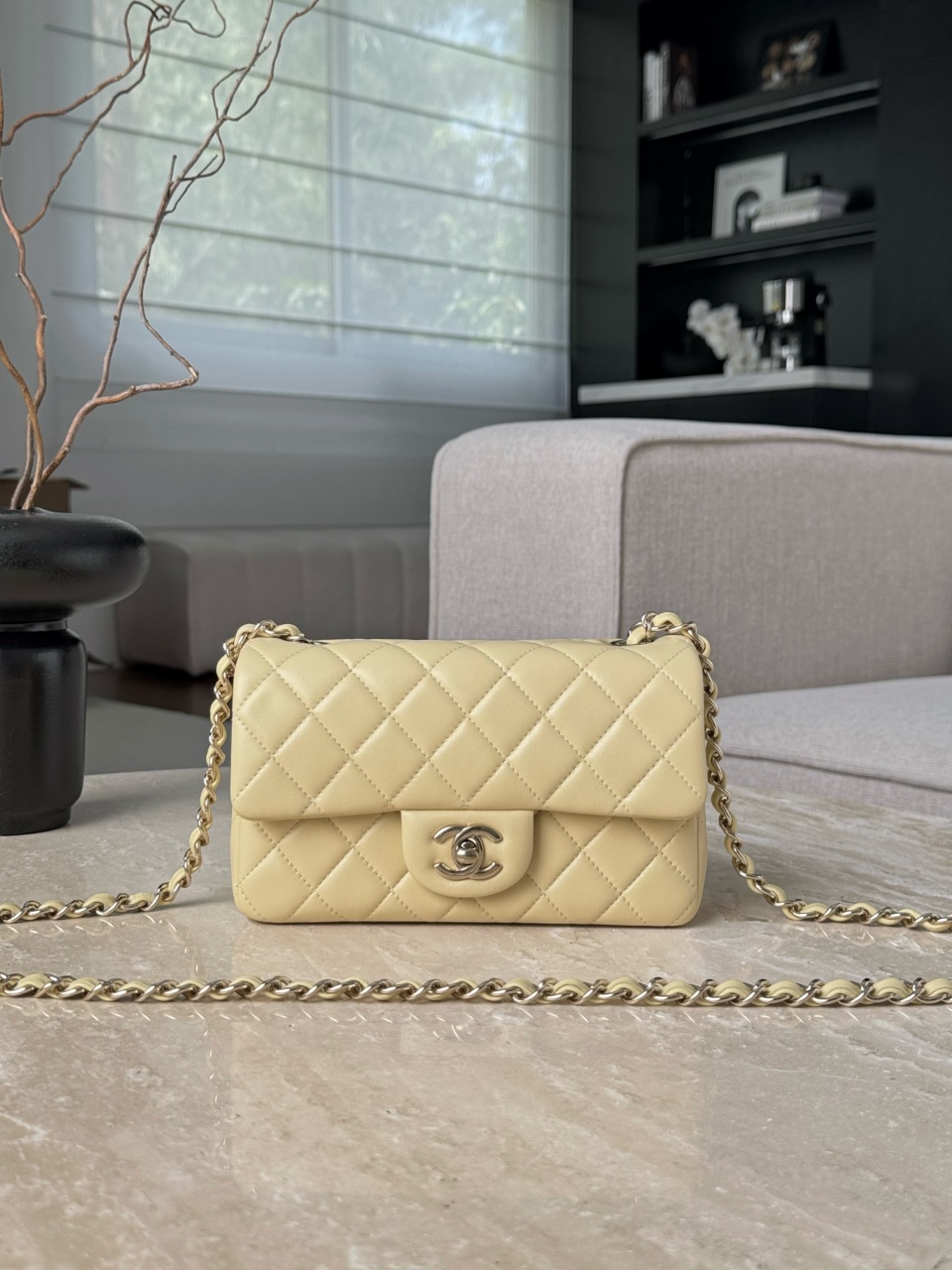 Bagsaaa Ch**el Mini Flap Bag Light Yellow Lambskin & Light Gold - 20cm