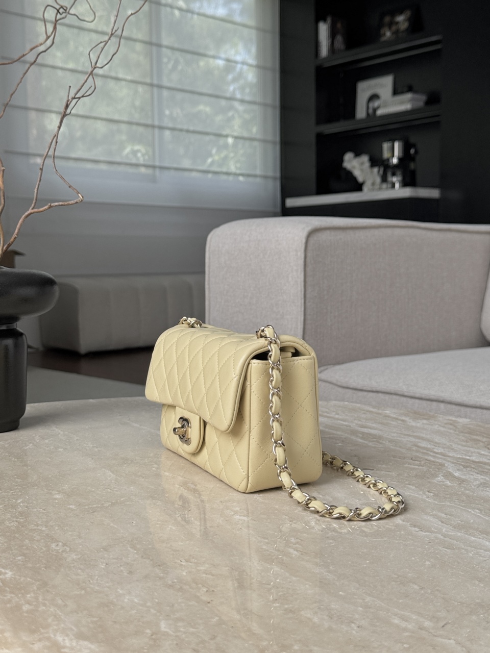 Bagsaaa Ch**el Mini Flap Bag Light Yellow Lambskin & Light Gold - 20cm
