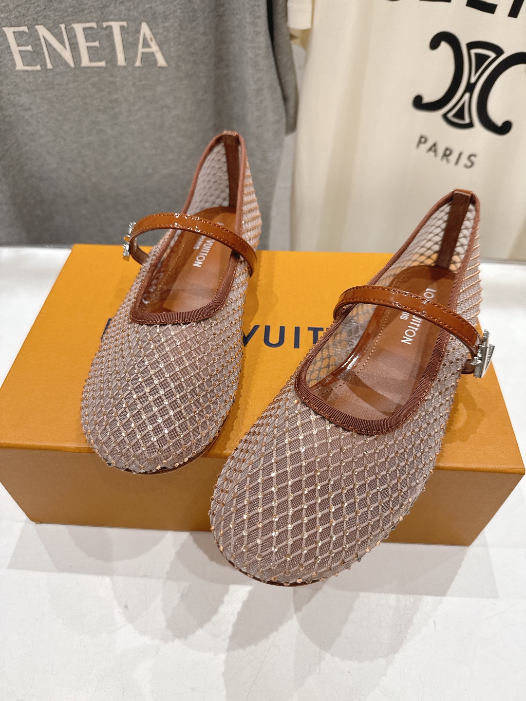 Bagsaaa LV Romy Flat Ballerina Brown Mesh
