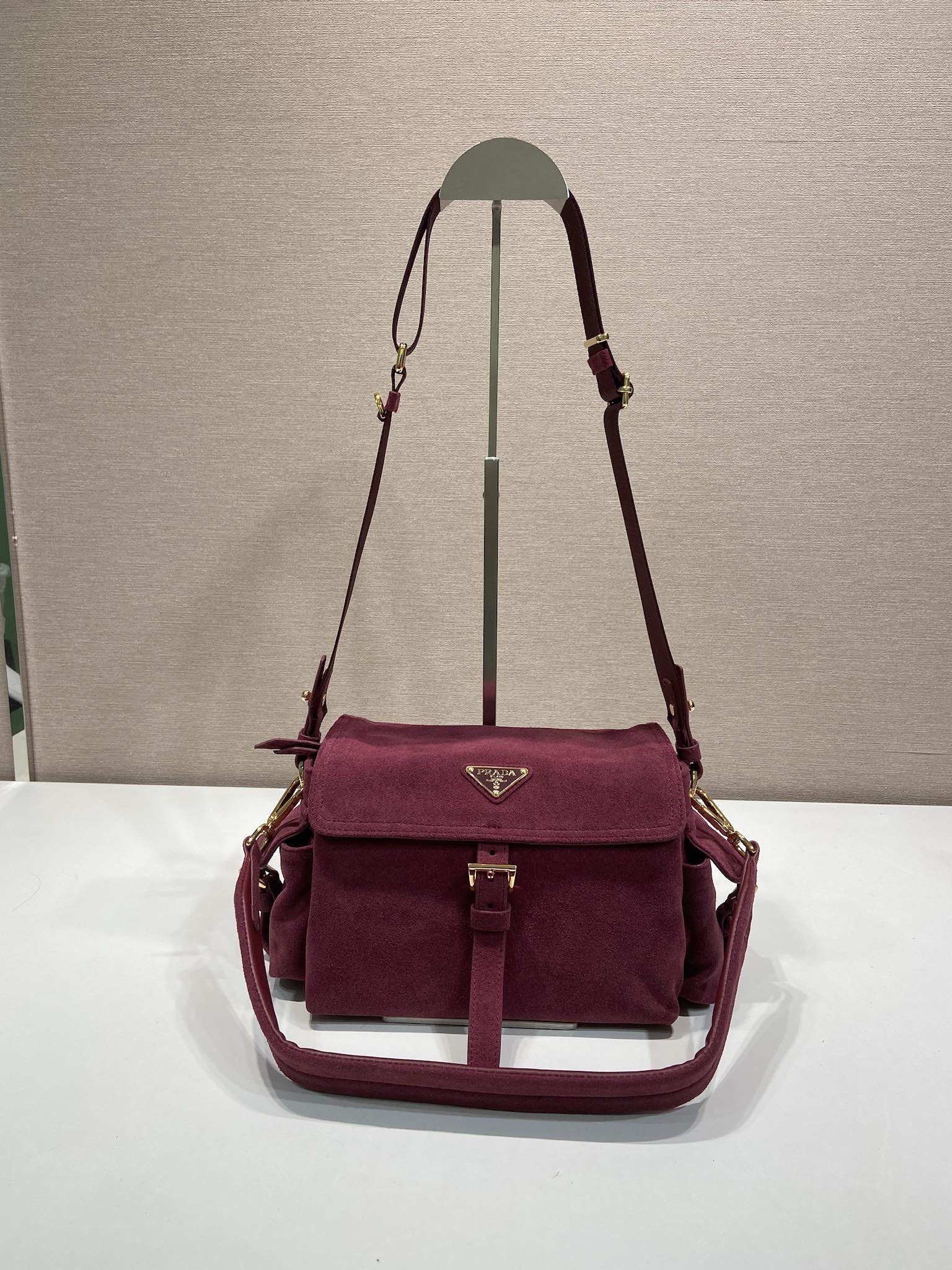 Bagsaaa Pra*a Explore medium suede shoulder bag with flap Burgundy 1BD394 - 30cm