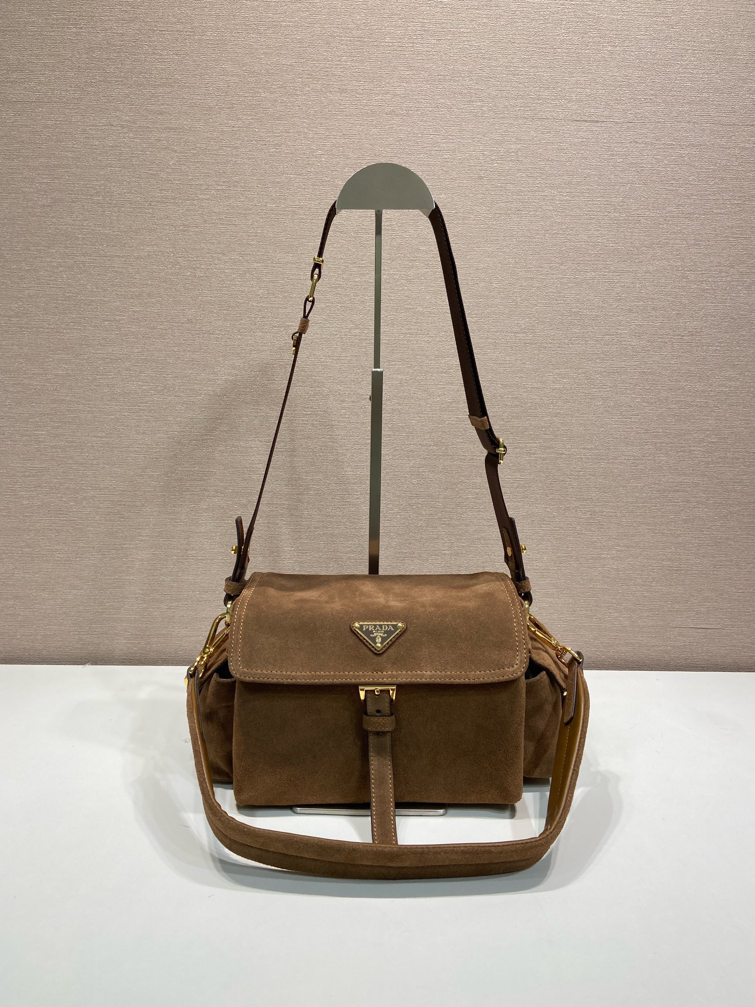 Bagsaaa Pra*a Explore medium suede shoulder bag with flap Brown 1BD394 - 30cm