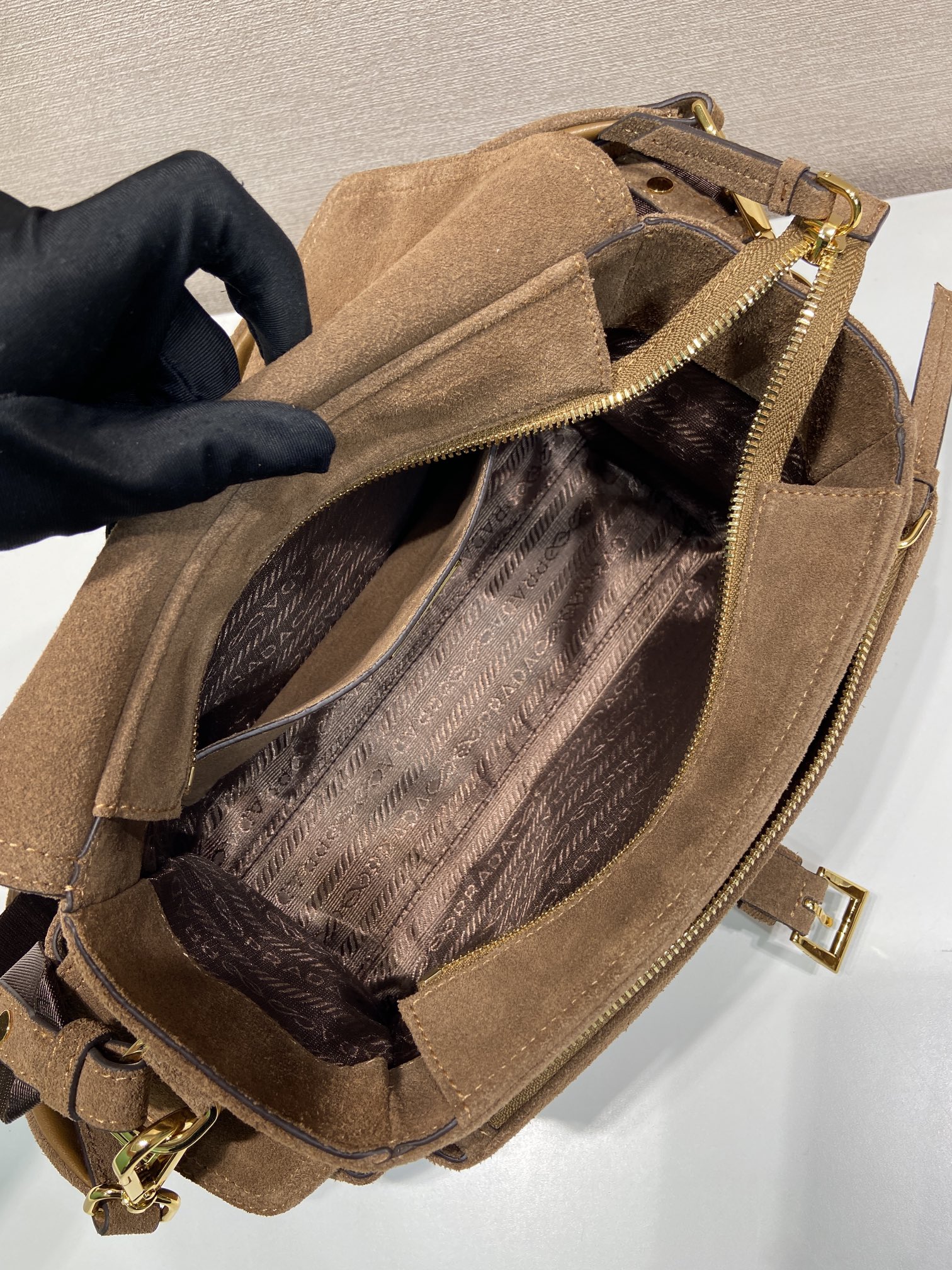 Bagsaaa Pra*a Explore medium suede shoulder bag with flap Brown 1BD394 - 30cm