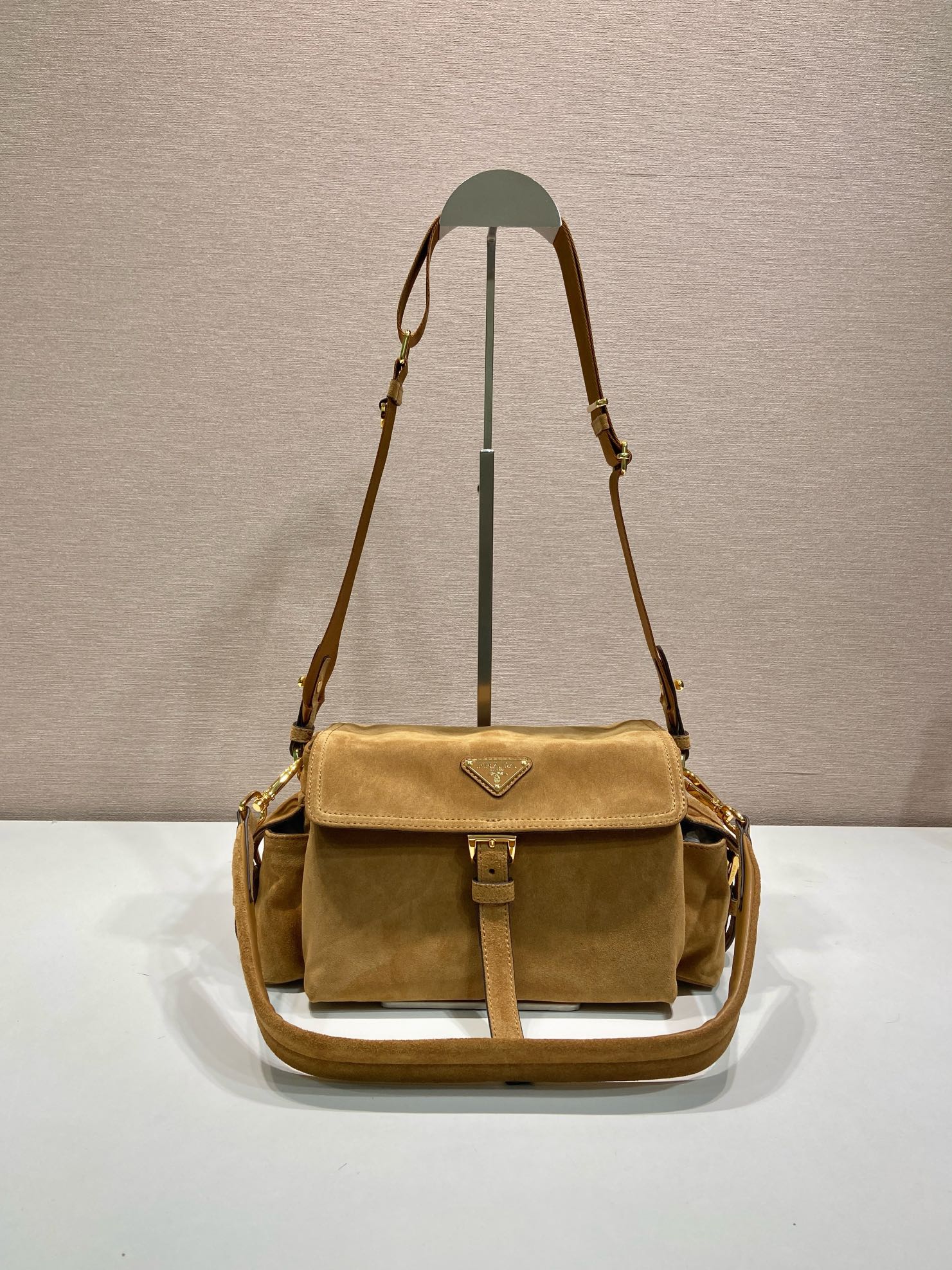 Bagsaaa Pra*a Explore medium suede shoulder bag with flap Beige 1BD394 - 30cm