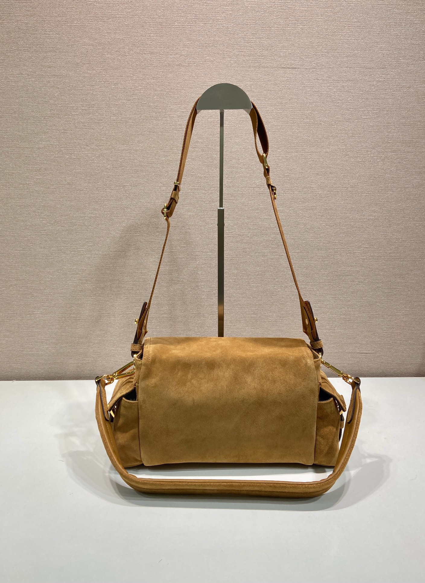 Bagsaaa Pra*a Explore medium suede shoulder bag with flap Beige 1BD394 - 30cm