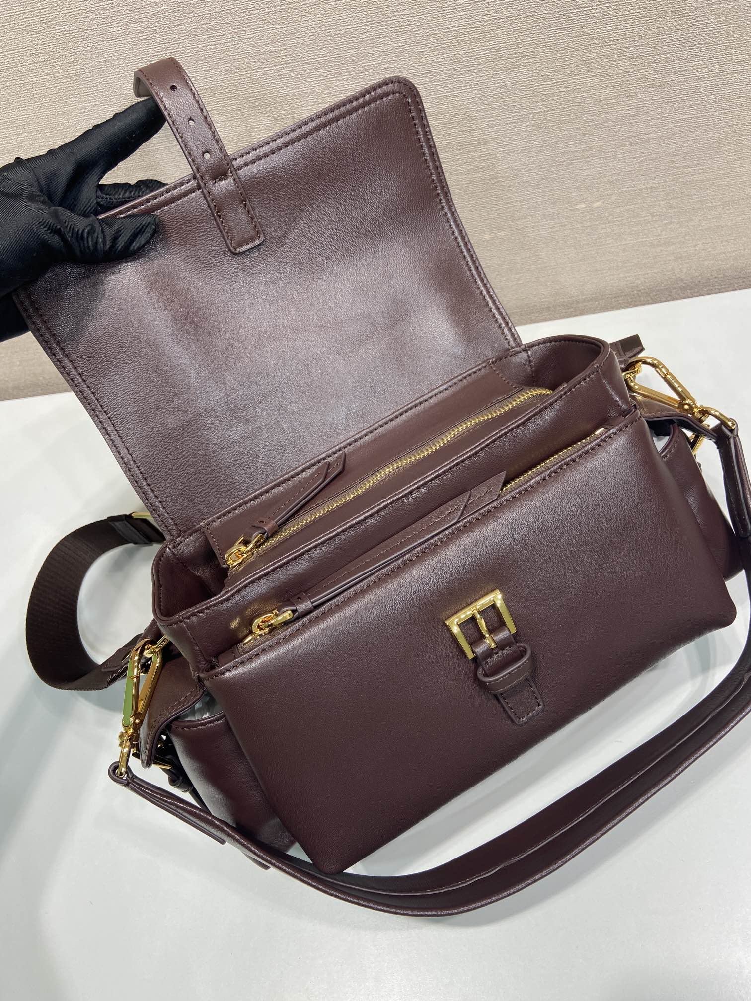 Bagsaaa Medium Pra*a Explore nappa leather shoulder bag with flap 1BD394 dark brown - 30cm